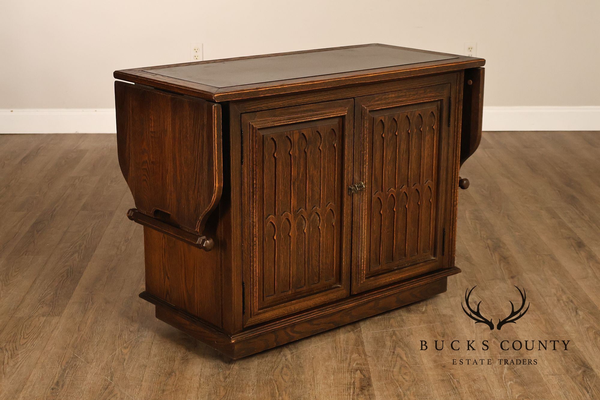 Jamestown Lounge Co. Gothic Revival Vintage Oak Drop-Leaf Server