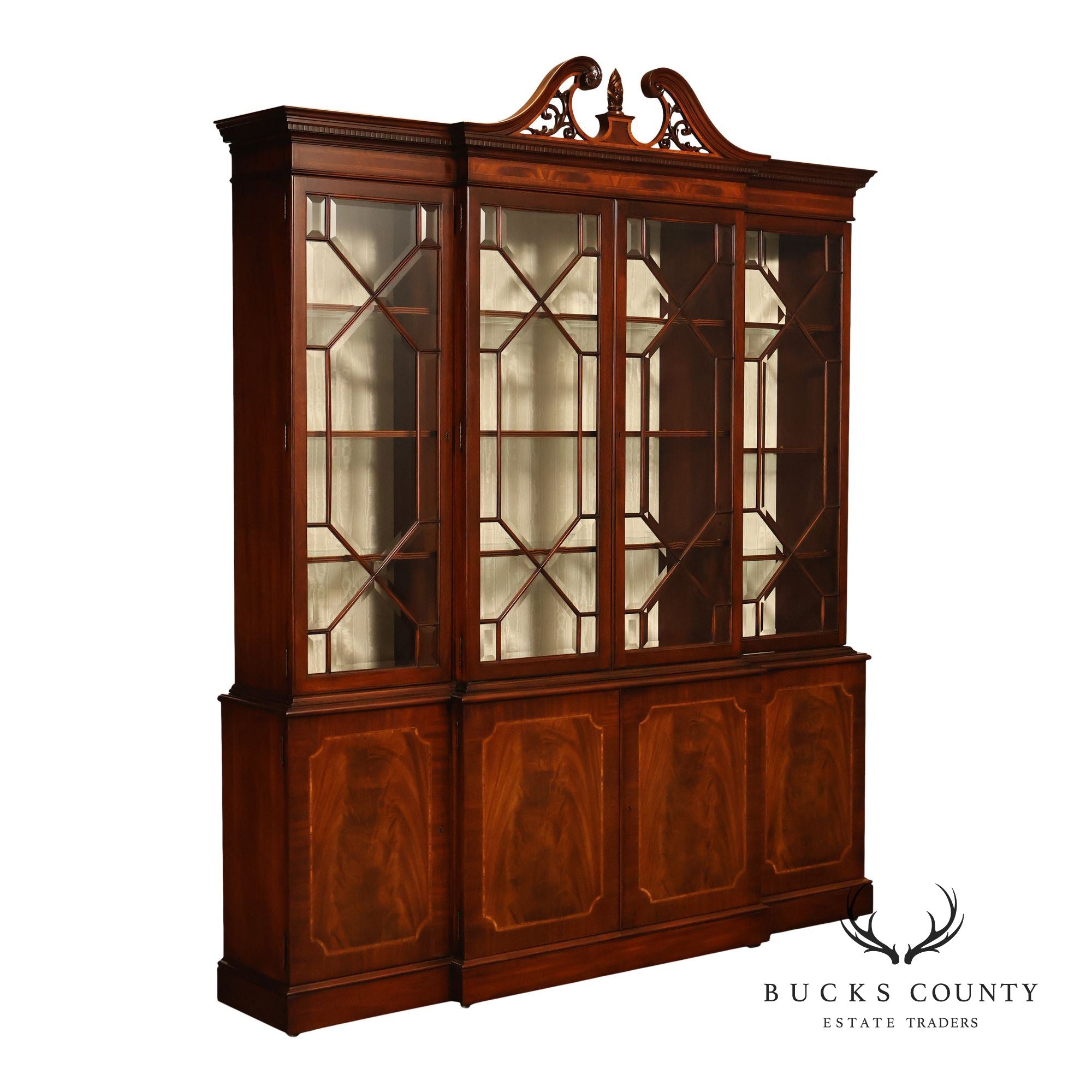 Karges English Style Mahogany Breakfront China Cabinet Display Bookcase with Carved Pediment and Silk Backing