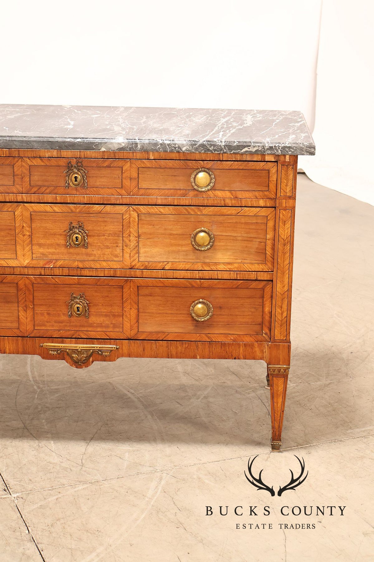 Antique French Neoclassical Marble Top Inlaid Three Drawer Chest