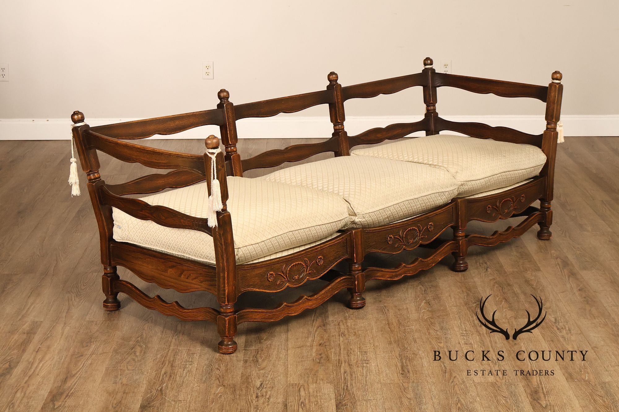 French Country Style Carved Oak Frame Three Seat Sofa