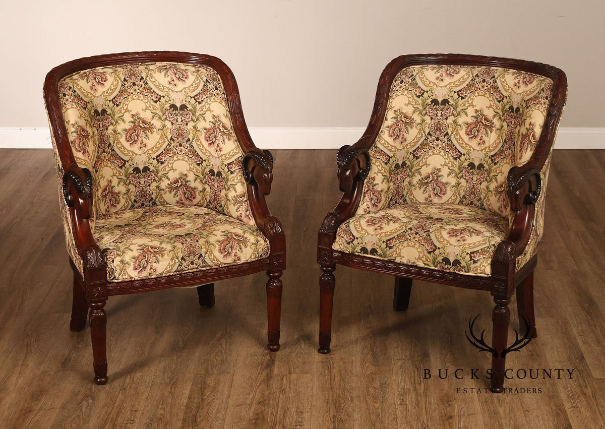 Pair Of Carved Mahogany Ram’s Head Upholstered Armchairs