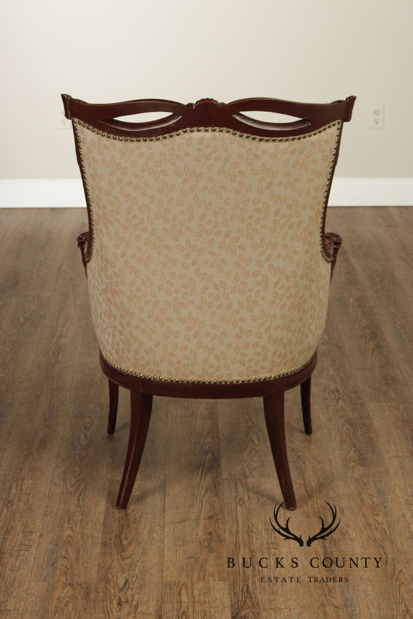 1930's French Louis XVI Style Carved Mahogany Fireside Bergere Chair