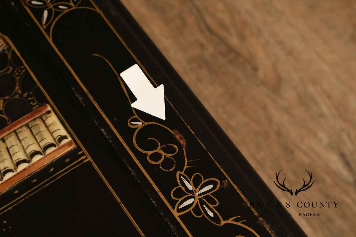 Asian Inspired Black Lacquer Coffee Table With Figural Inlay