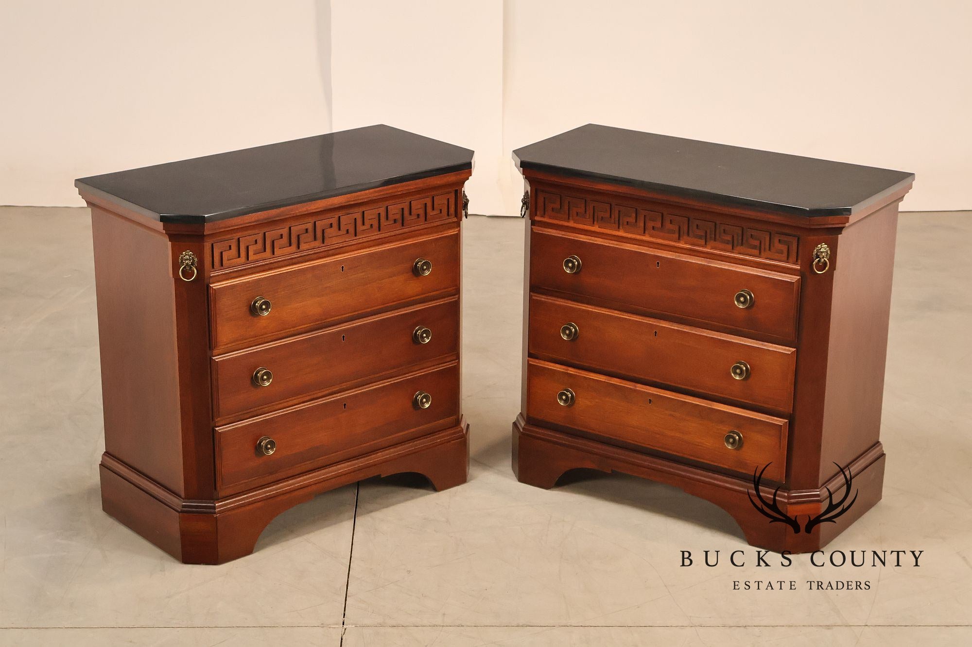 Stanley Furniture Regency Style Pair of Marble Top Mahogany Nightstands