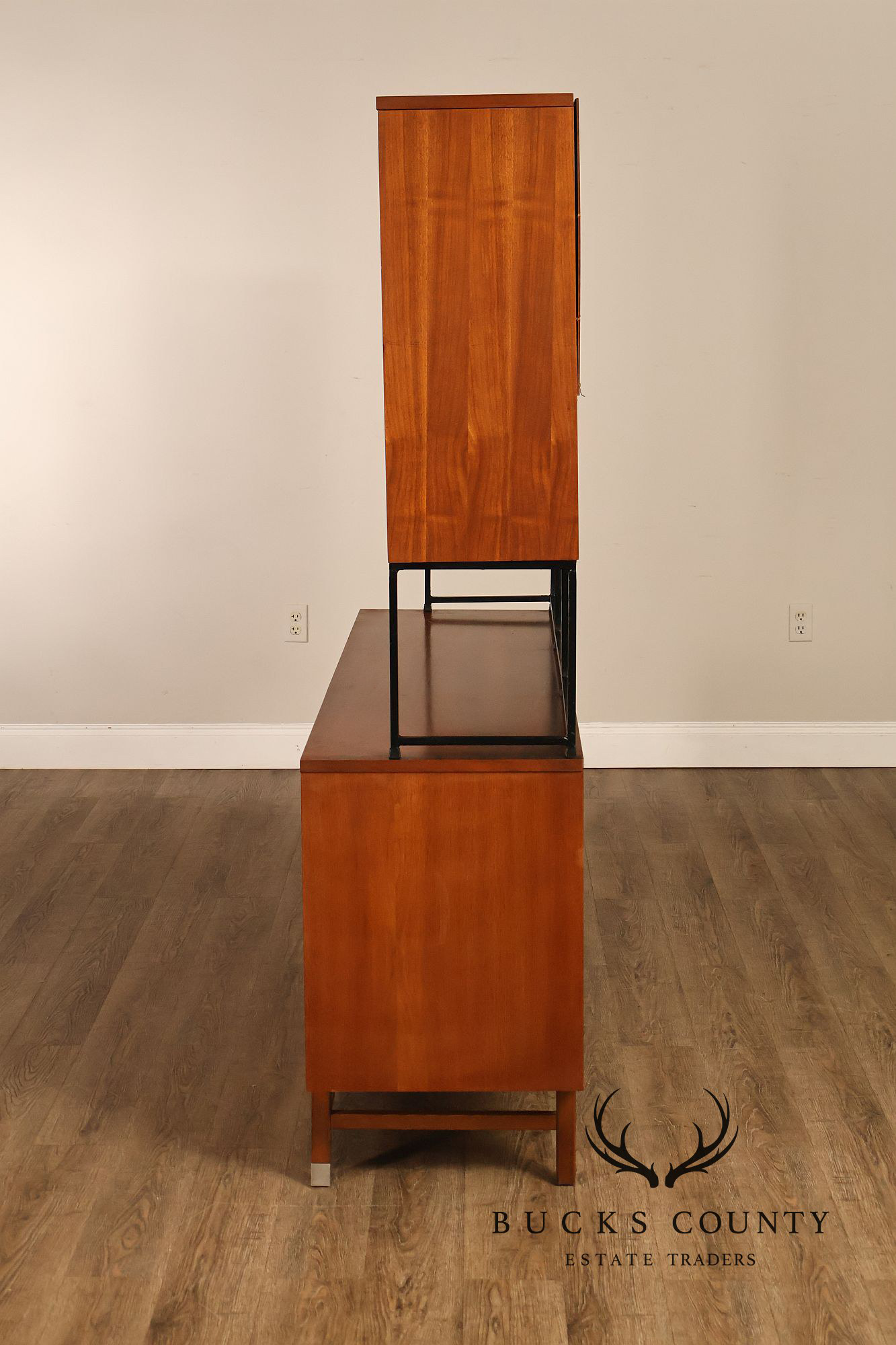 Stanley Mid Century Modern Walnut & Rosewood Inlaid Wall Unit Credenza