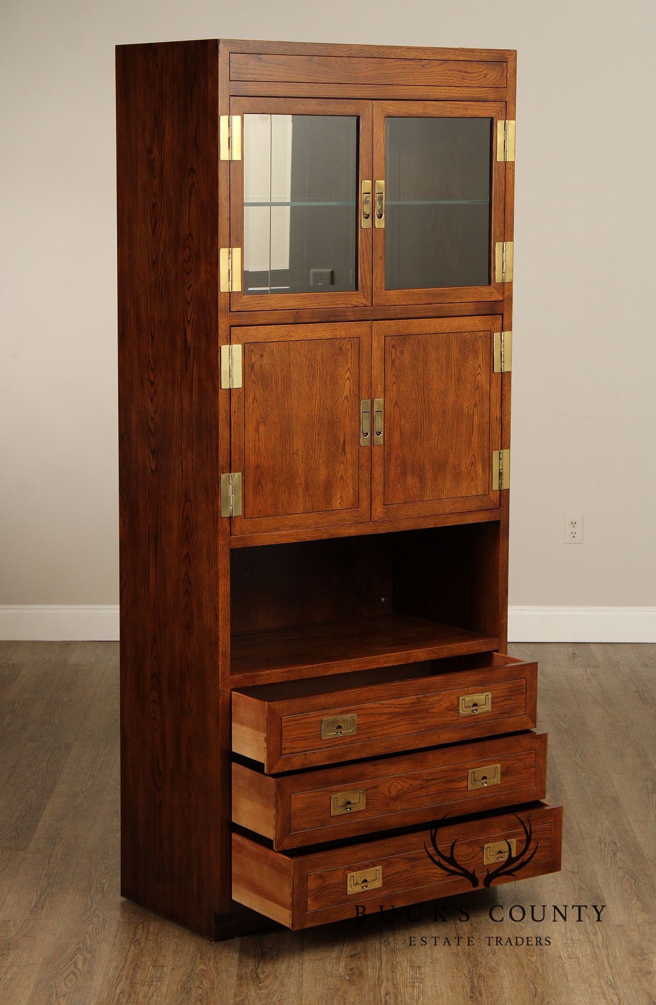 Henredon 'Scene One' Campaign Style Oak Bookcase Display Bar Cabinet