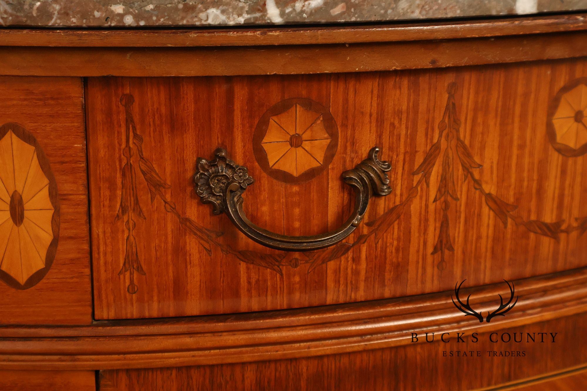 Antique French Louis XVI Neoclassical Inlaid Demilune Marble Top Commode