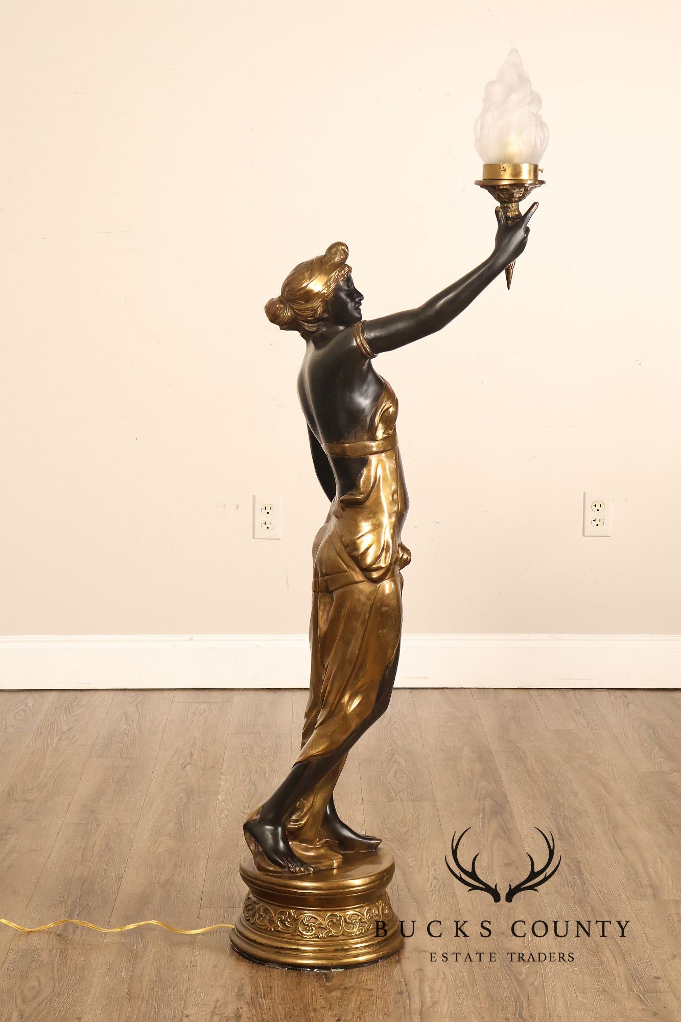 Neoclassical Style Pair Of Bronze Figural Torchere Floor Lamps
