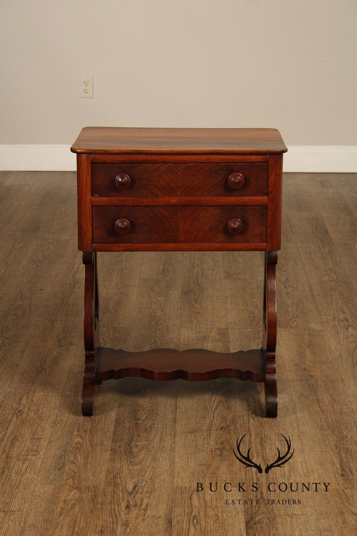 Antique American Empire Mahogany Lyre Form Two-Drawer Work Table