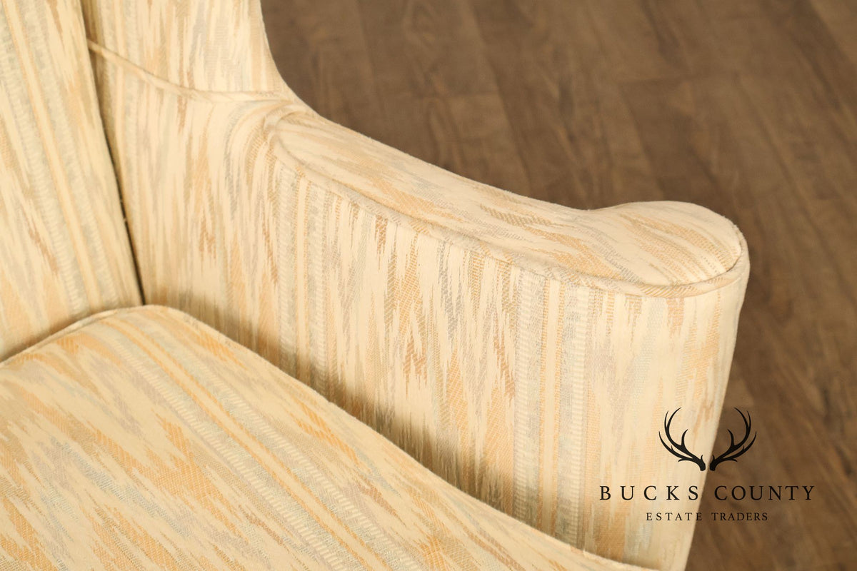 Traditional Upholstered Pair Of Wingback Armchairs With Carved Cabriole Legs