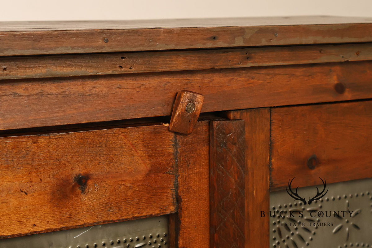 Antique American Country Pine Pie Safe Cabinet With Punched Tin Panels