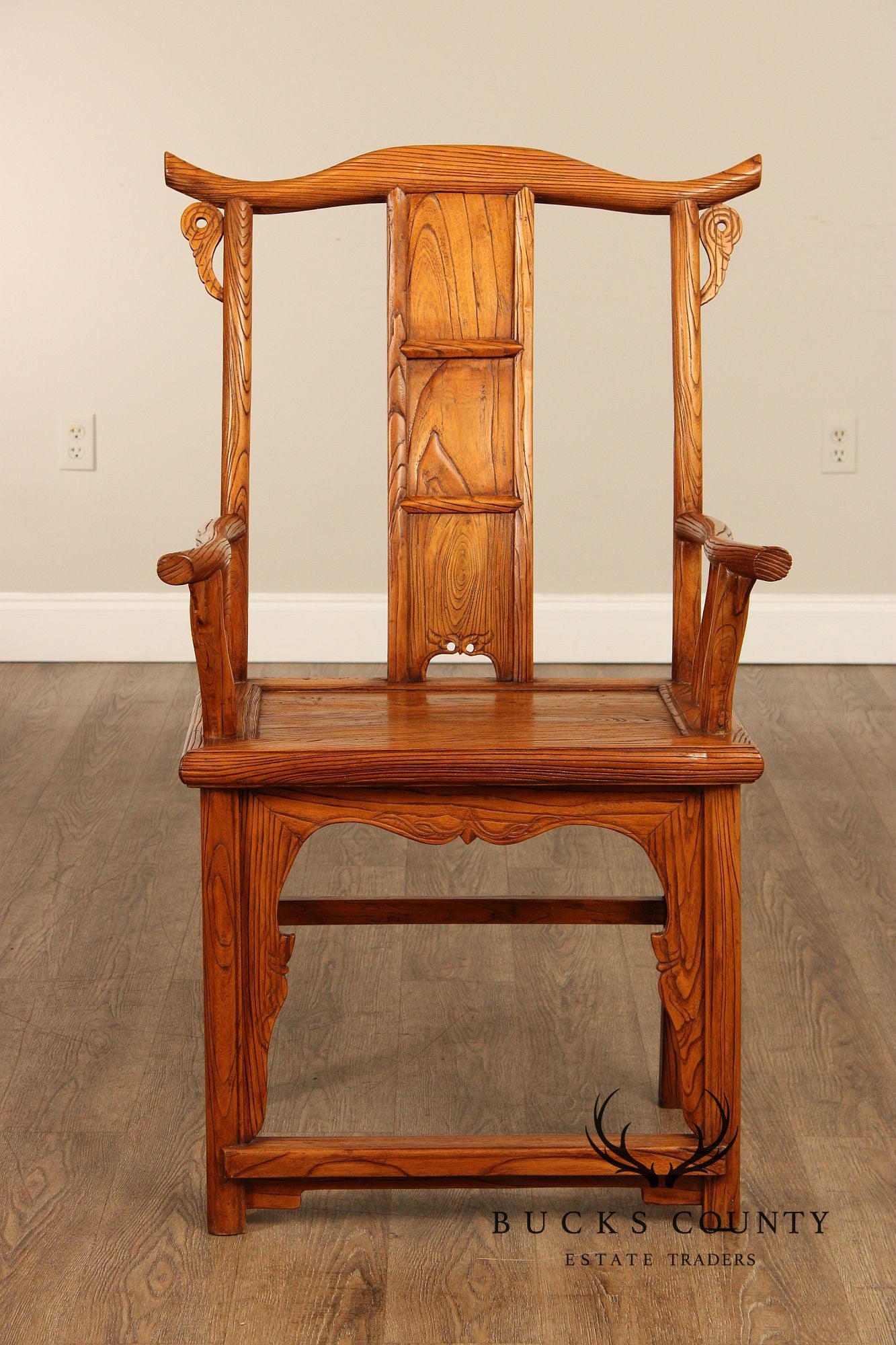 Asian Vintage Pair of Elm Yoke Back Armchairs