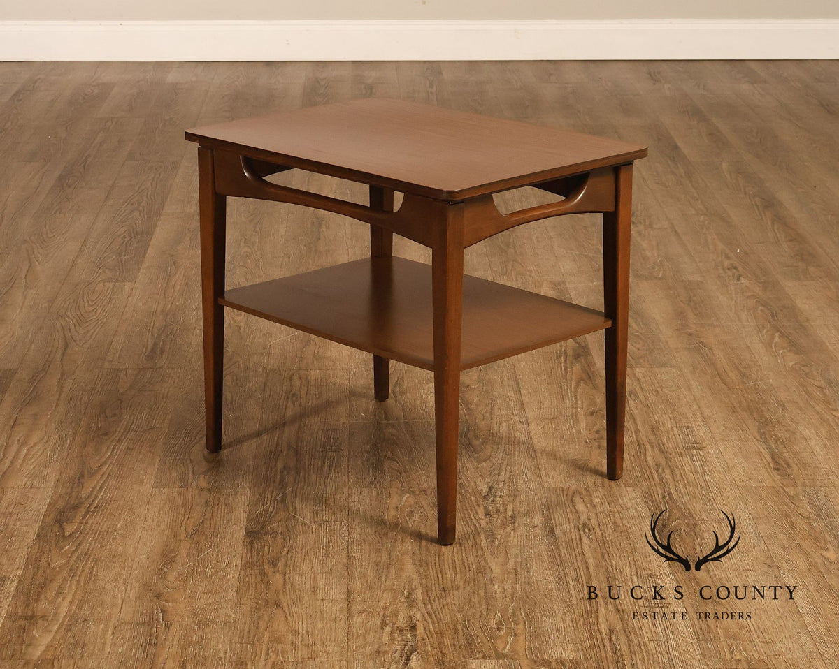 Mid-Century Modern Walnut Two-Tier End Table With Sculpted Apron Detail
