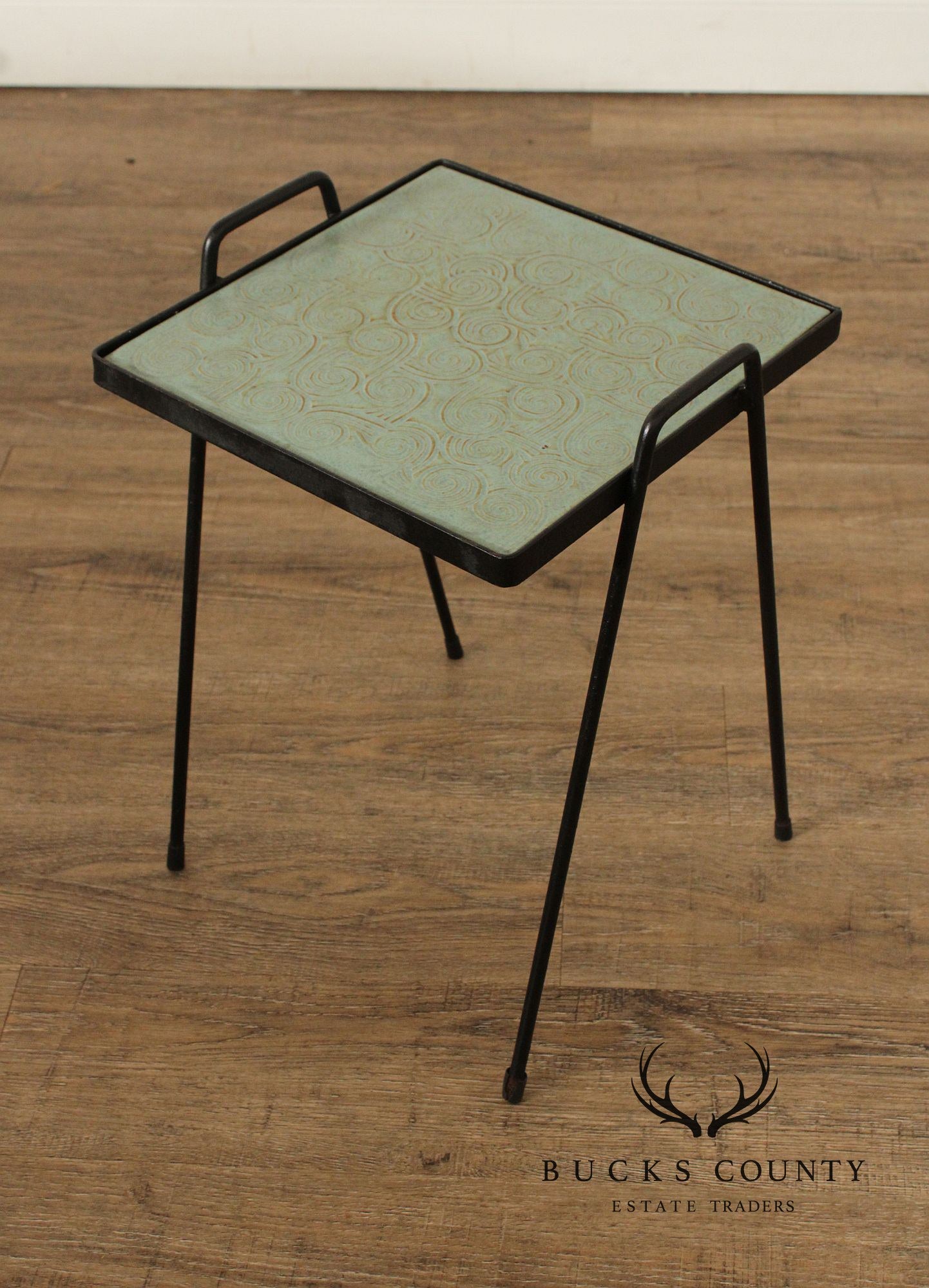 Mid Century Modern Pair of Wrought Iron Tile Top Tray Tables