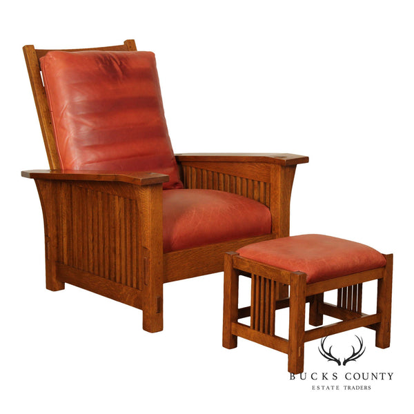 Stickley Mission Collection Oak and Leather Spindle Morris Chair and Ottoman