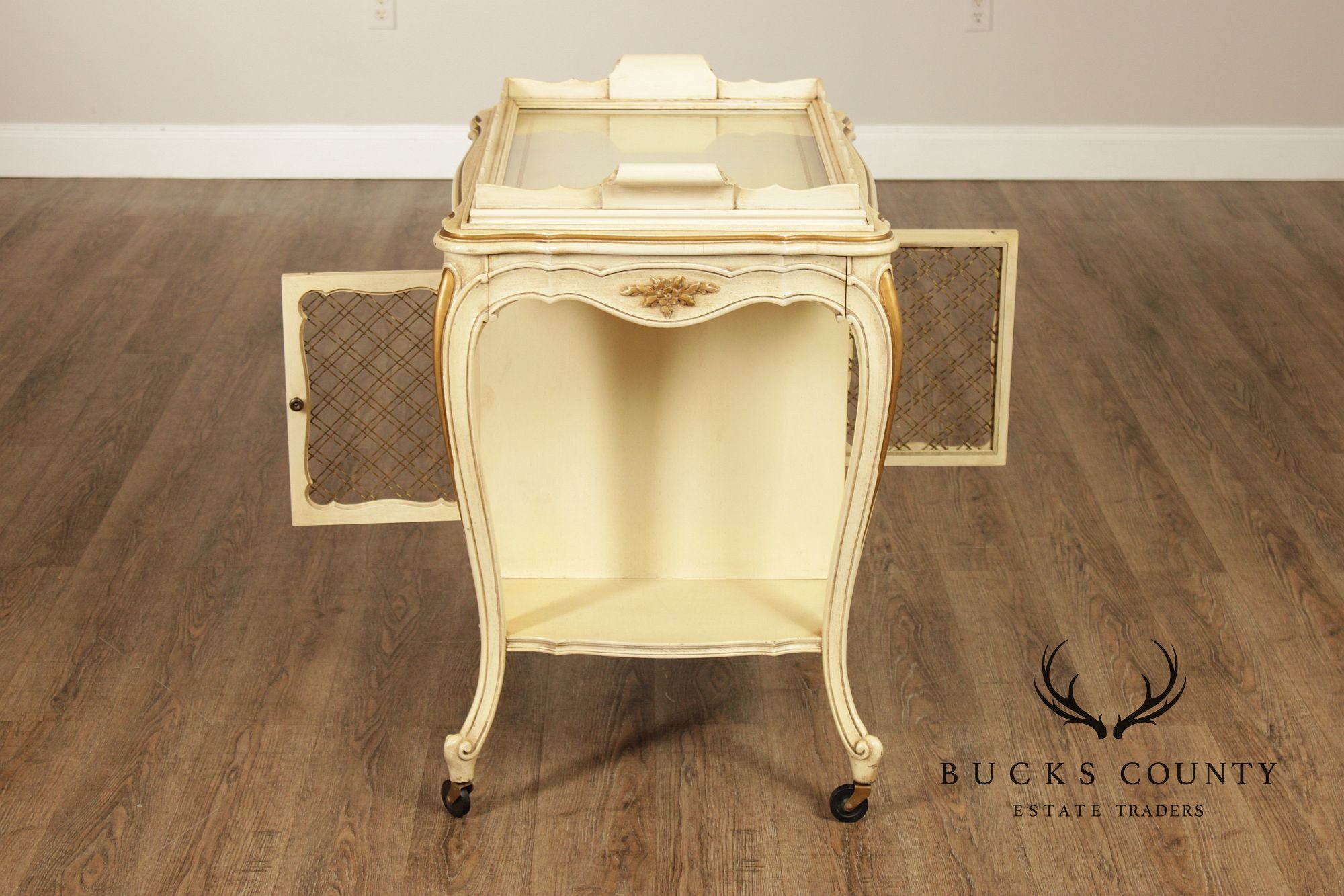 French Provincial Style Vintage Painted Tray Top Bar Cart