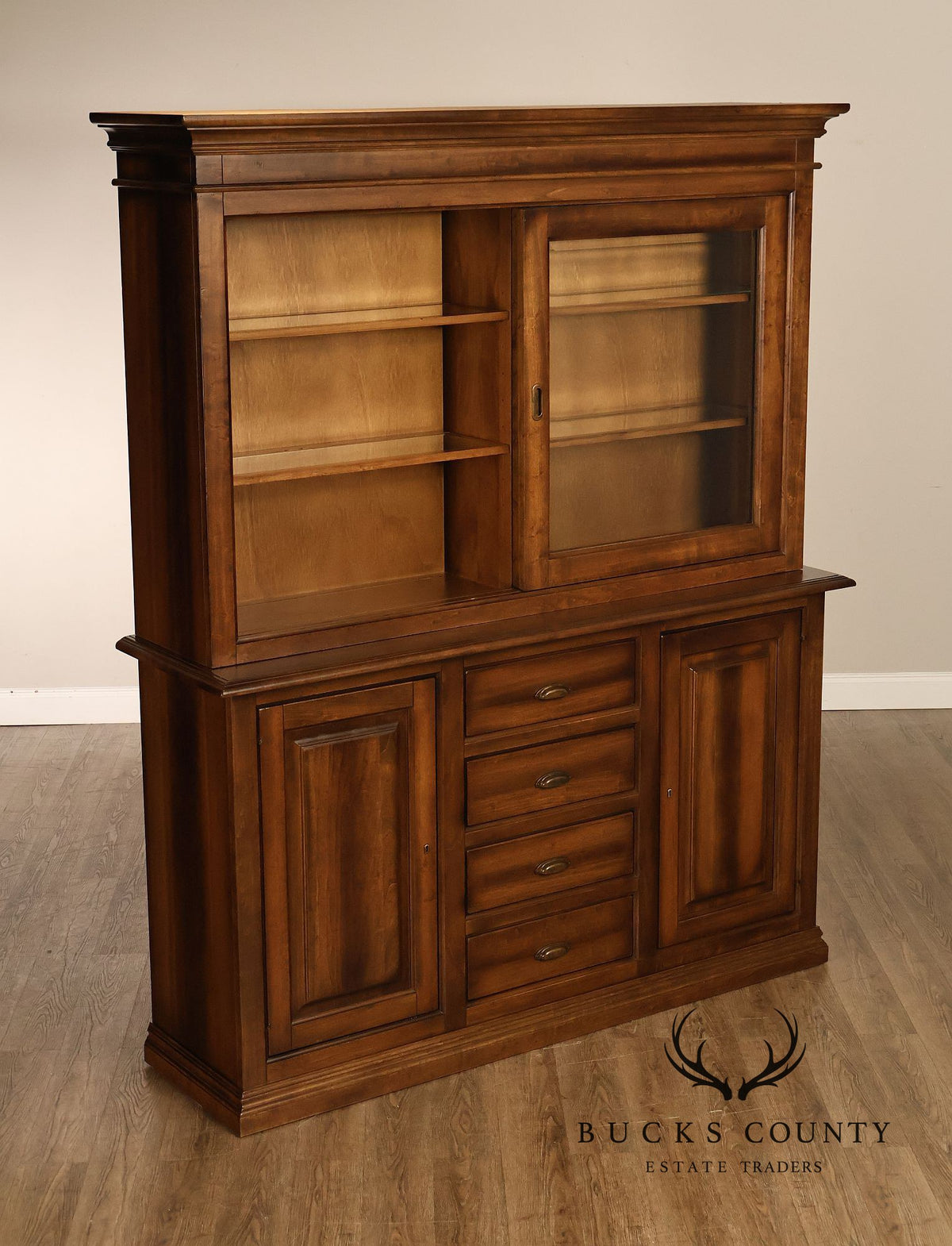 Arhaus Tuscan Italian Walnut Buffet With Sliding Glass Door Hutch