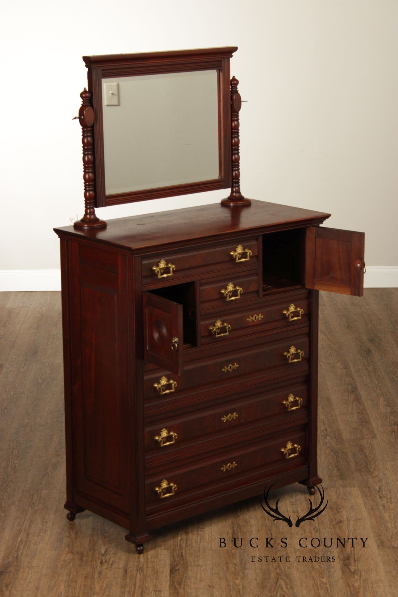 Antique Victorian Mahogany Bonnet Chest With Mirror