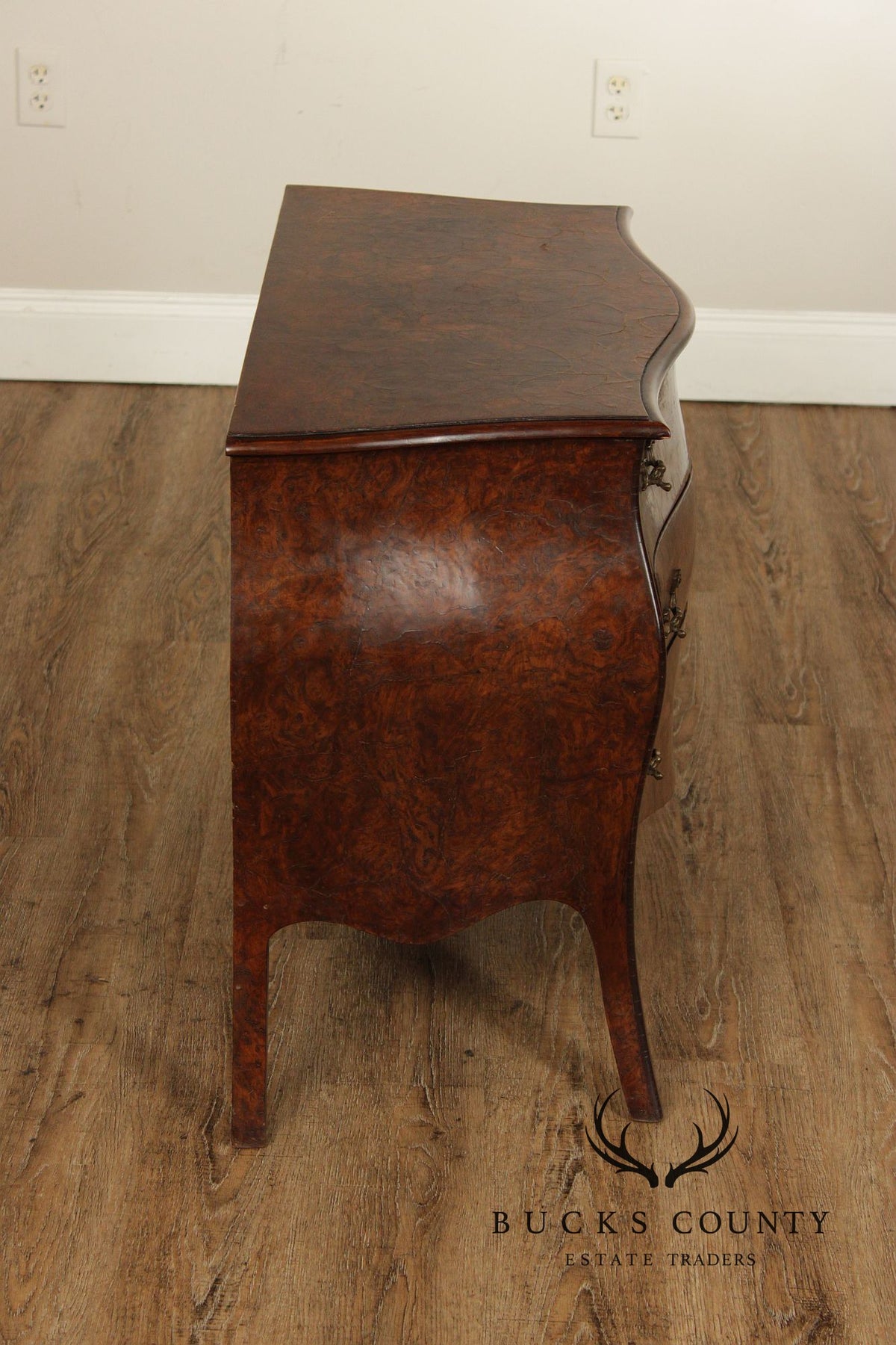 Vintage Louis XV Style Burlwood Bombe Three-Drawer Commode Chest