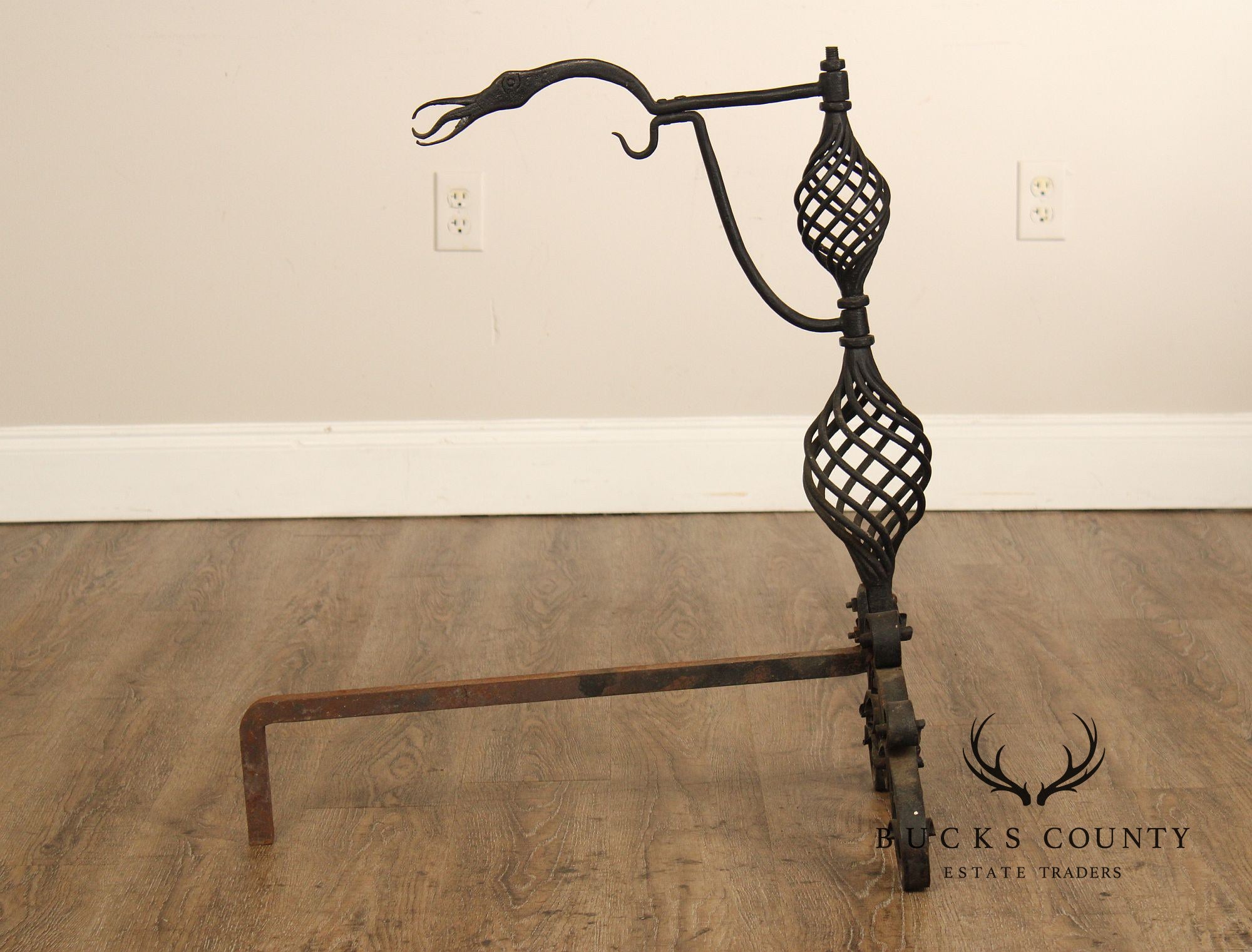 Arts & Crafts Pair of Scrolling Wrought Iron Andirons