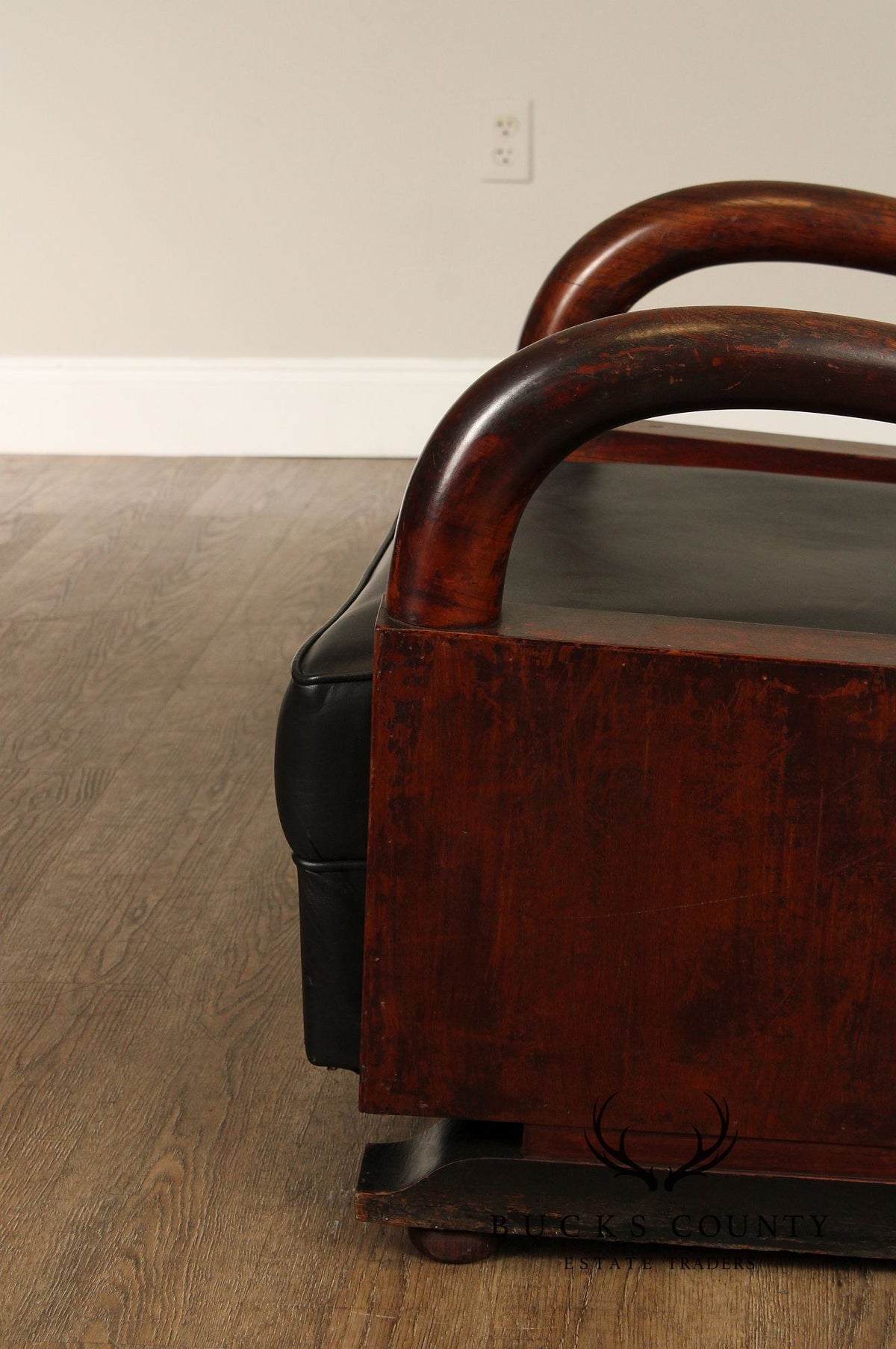 Art Deco Pair Of Streamline Moderne Rosewood And Black Leather Lounge Chairs
