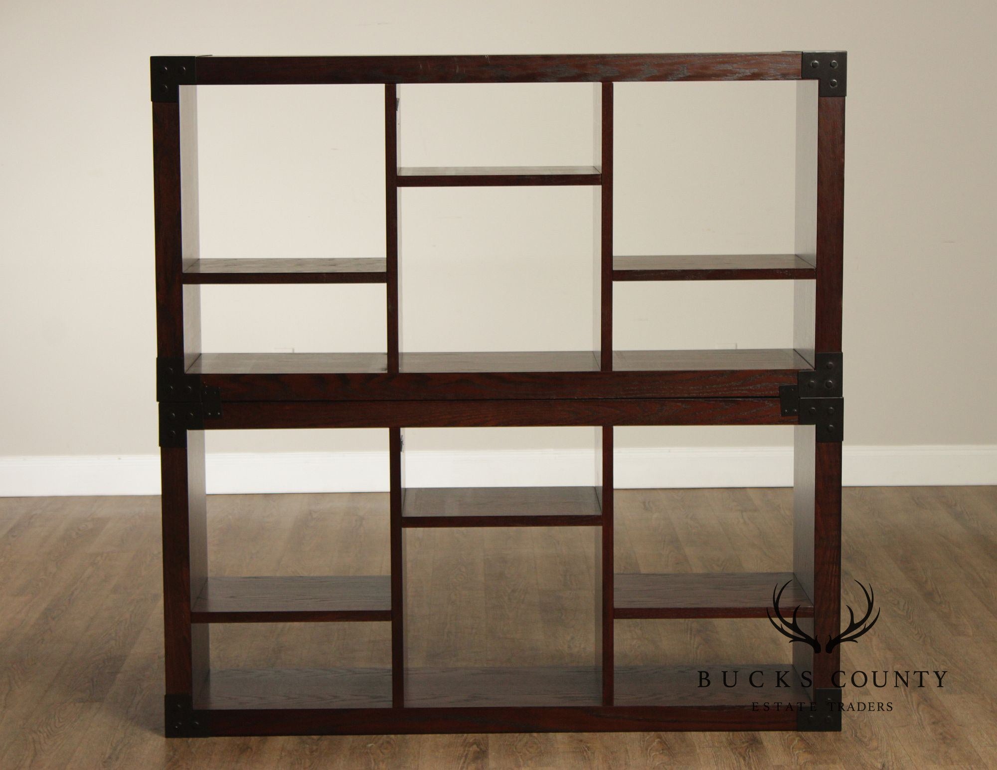Contemporary Pair Of Open Display Bookcases In Dark Wood