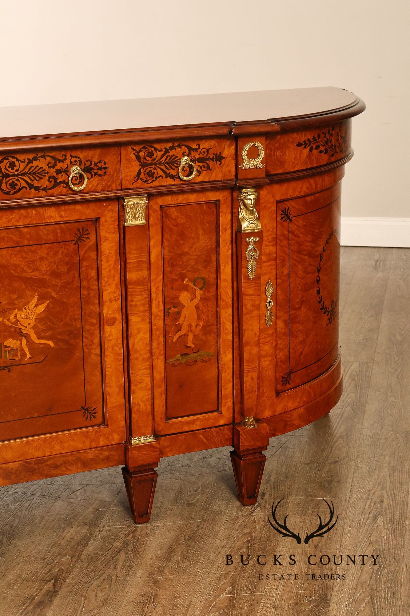 Rho Mobili D'Epoca Neoclassical Burl Wood Marquetry Inlaid Sideboard