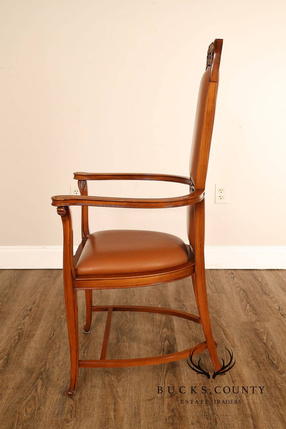Antique Art Nouveau Carved Wood And Leather Armchair