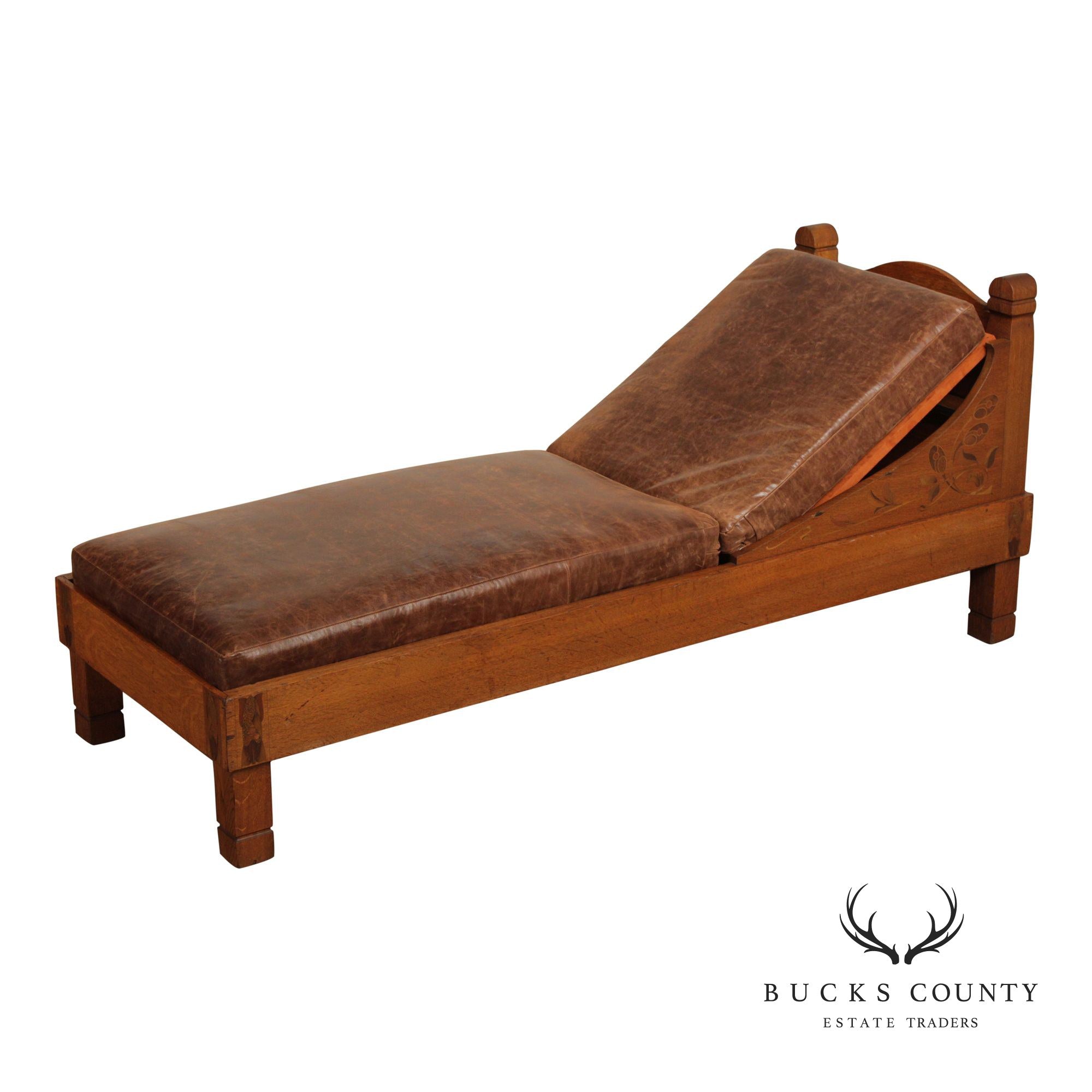 Early Stickley Brothers Inlaid Oak and Leather Daybed