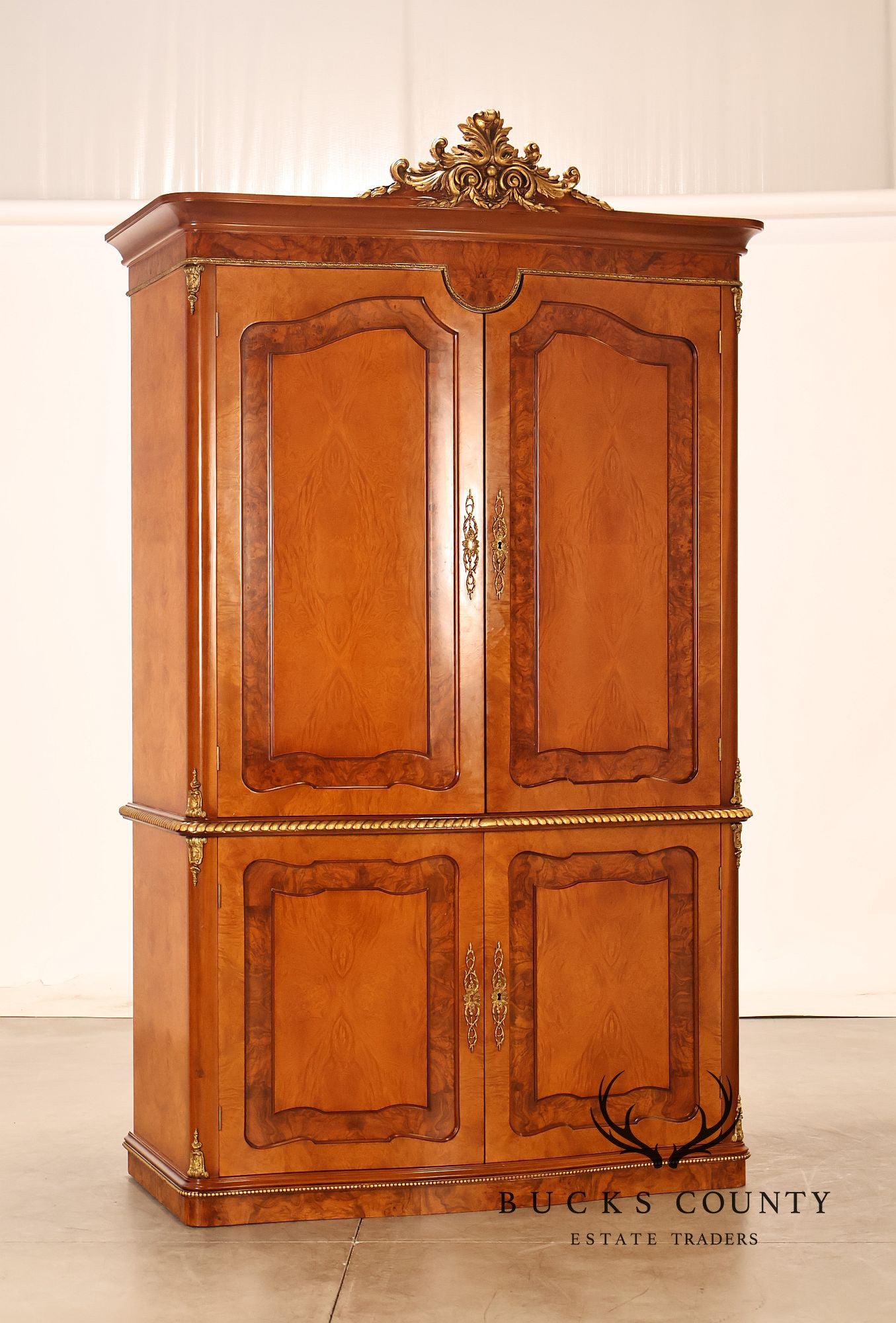 French Louis XV Style Burl Walnut Linen Closet Armoire