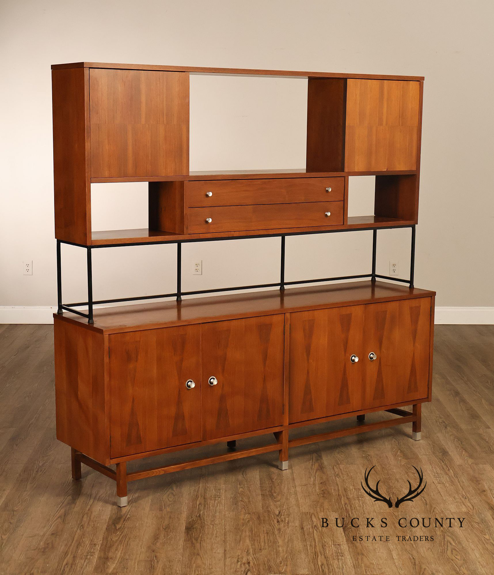 Stanley Mid Century Modern Walnut & Rosewood Inlaid Wall Unit Credenza