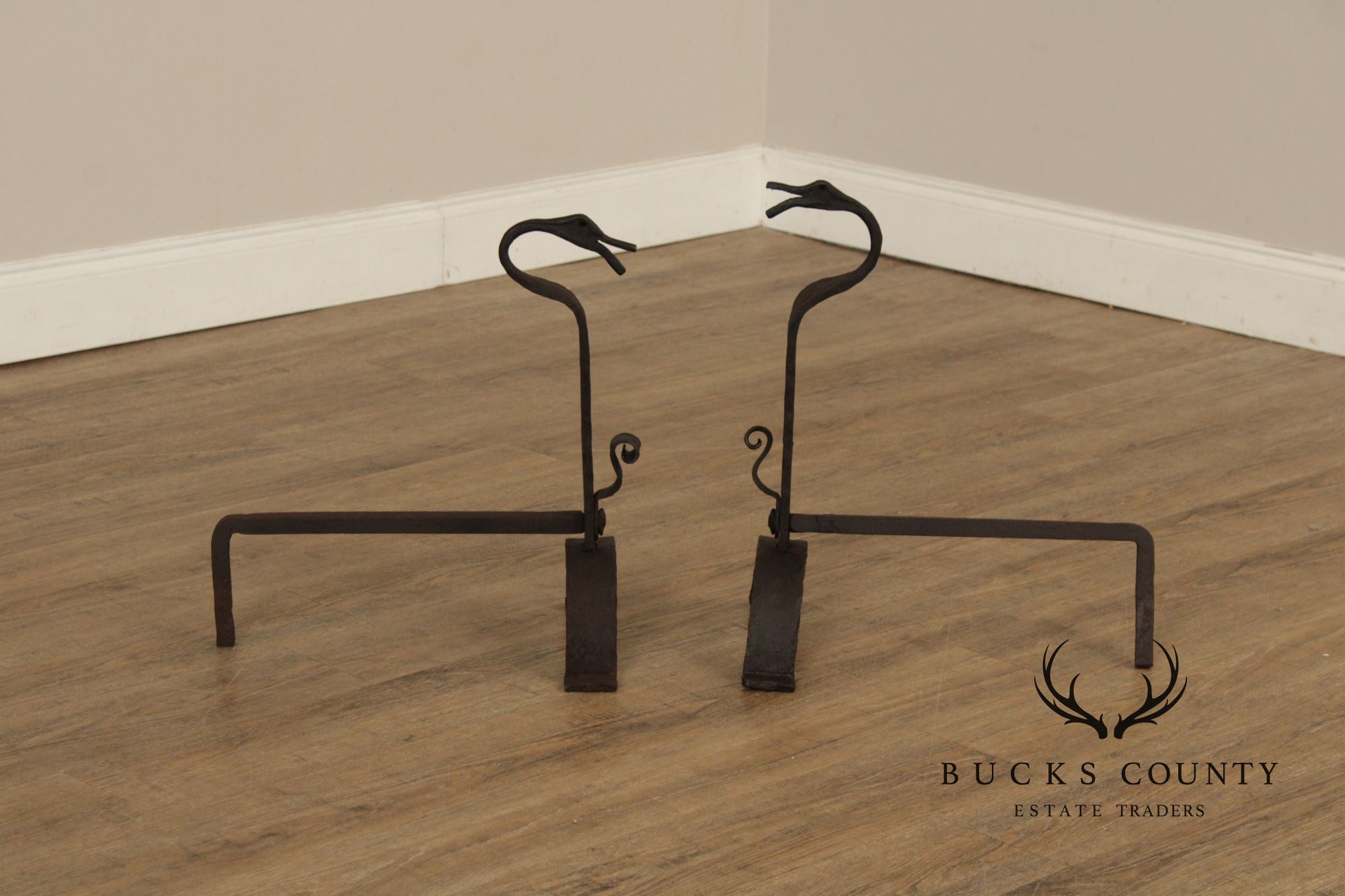 Arts & Crafts Pair of Wrought Iron Duck Fireplace Andirons