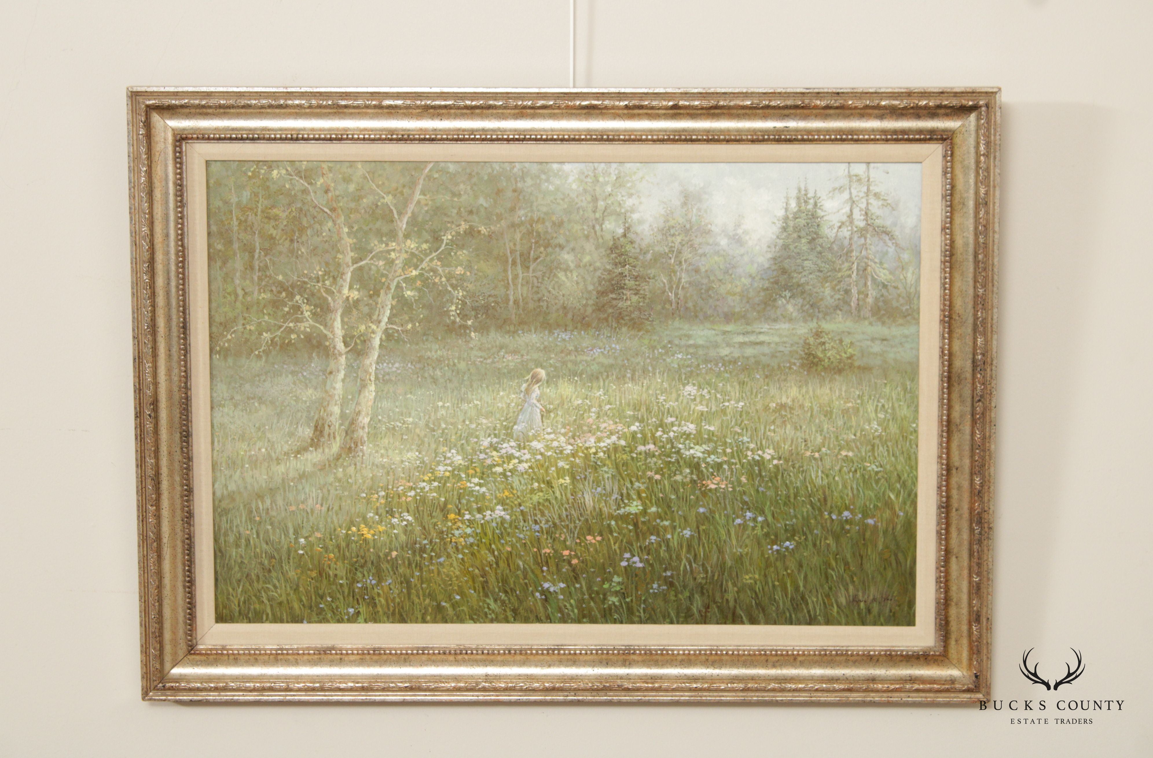 Hyun Bo Yoo 'Girl in Flower Field' Framed Oil Painting