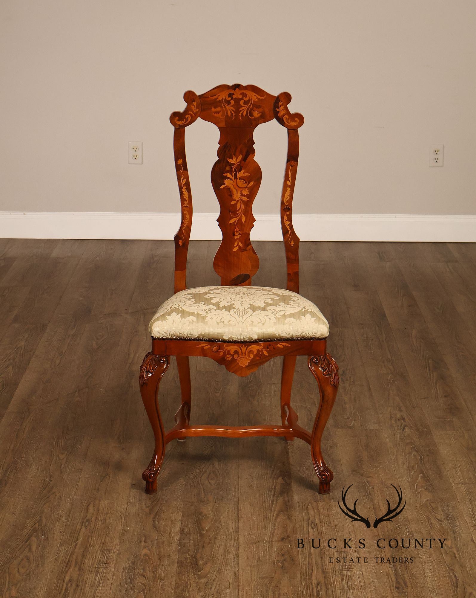 Italian Baroque Style Set of Eight Inlaid Olive Wood Dining Chairs