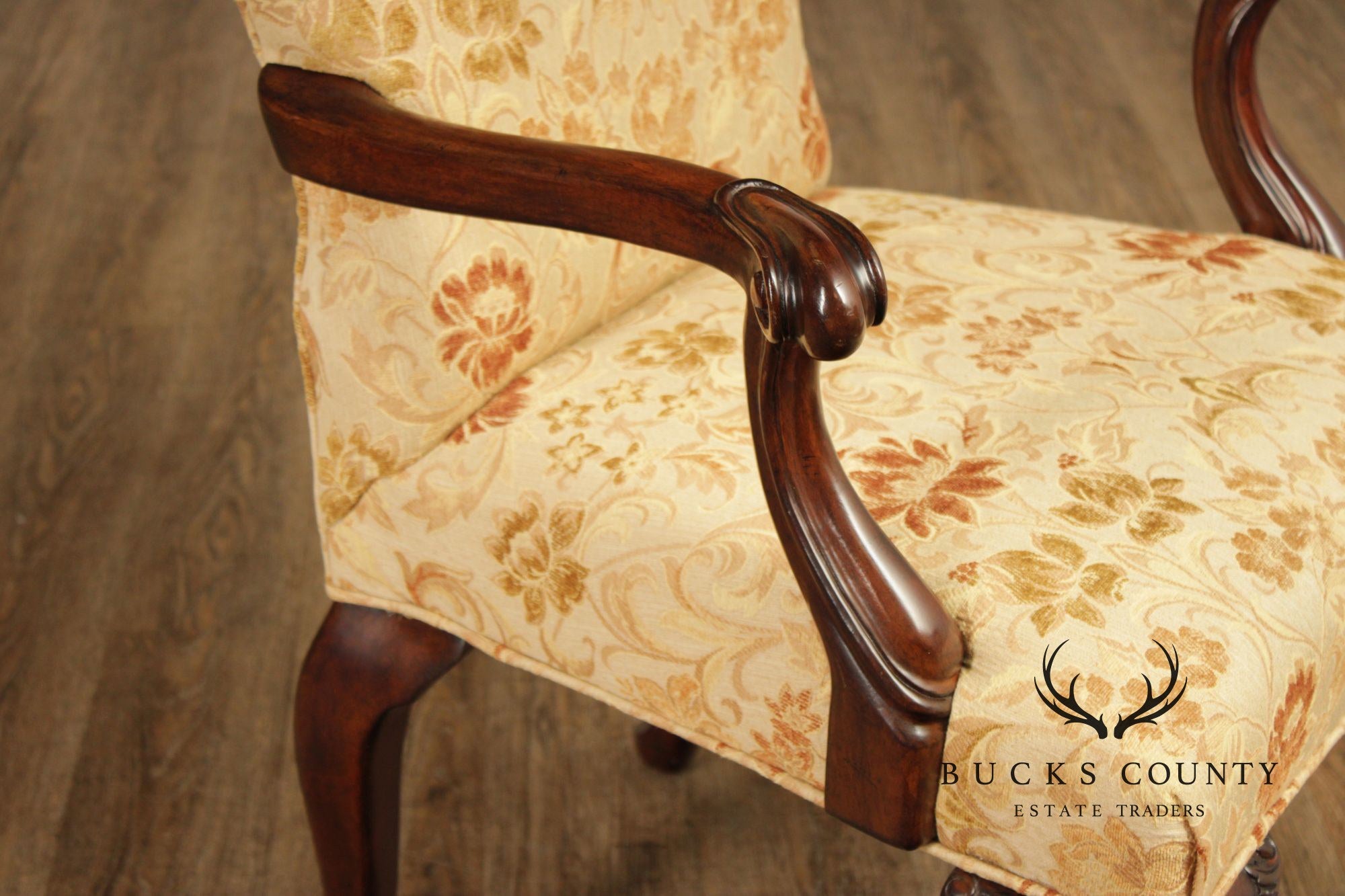 Henredon Scroll and Floral Upholstered Cabriole Leg Armchairs