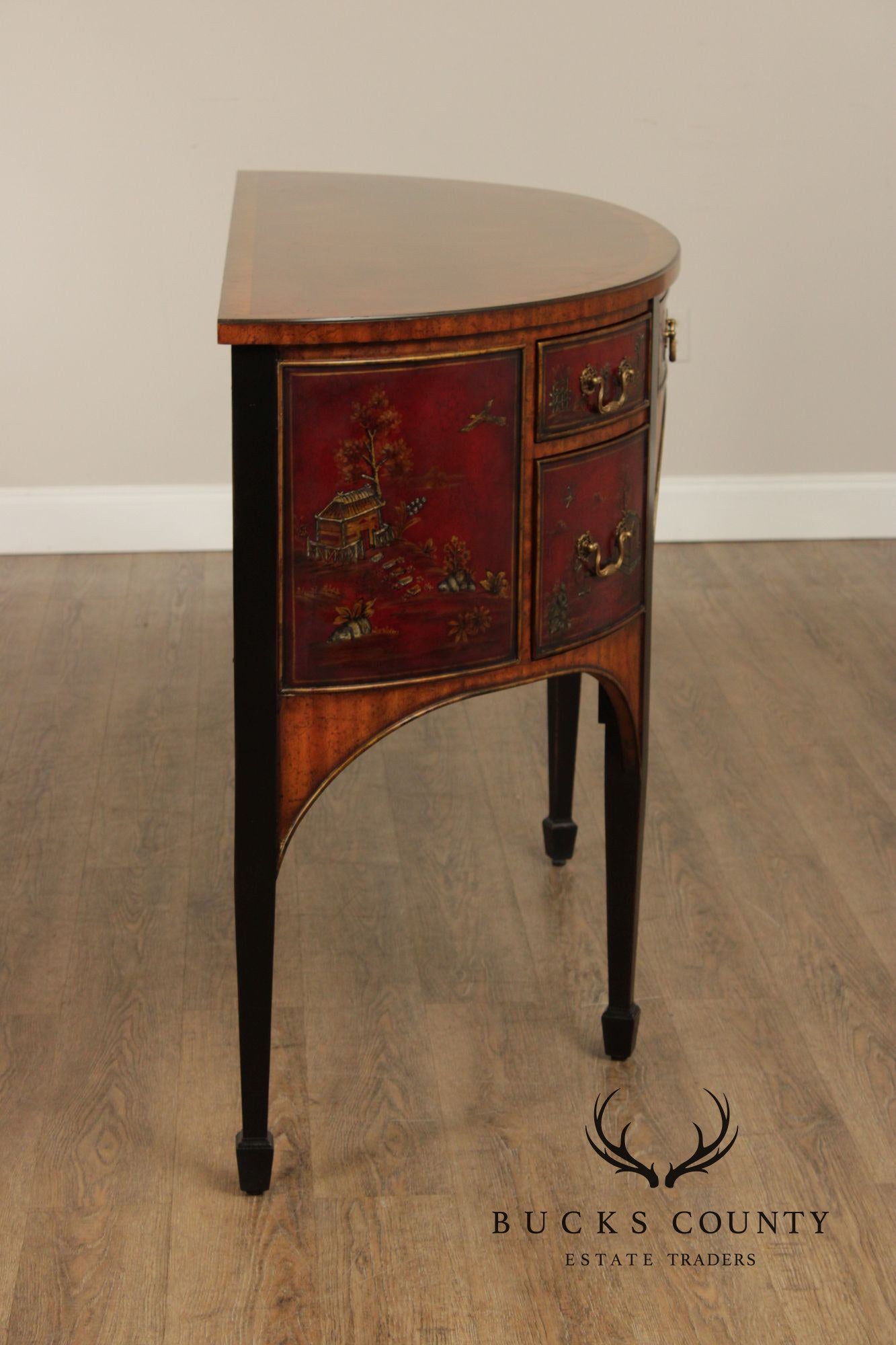 MAITLAND SMITH CHINOISERIE DECORATED DEMILUNE SIDEBOARD
