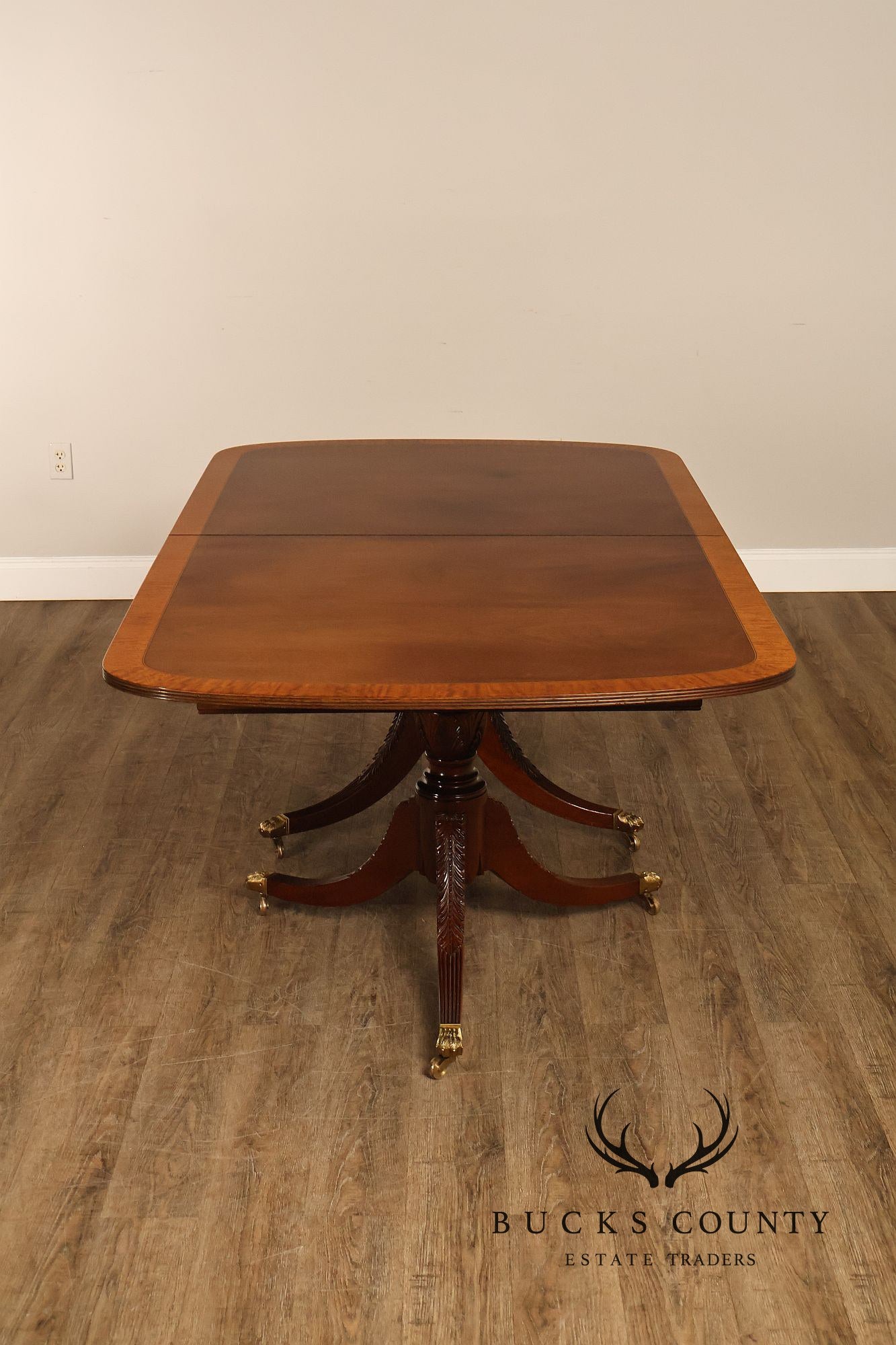 Federal Style Vintage Banded Mahogany Double Pedestal Dining Table