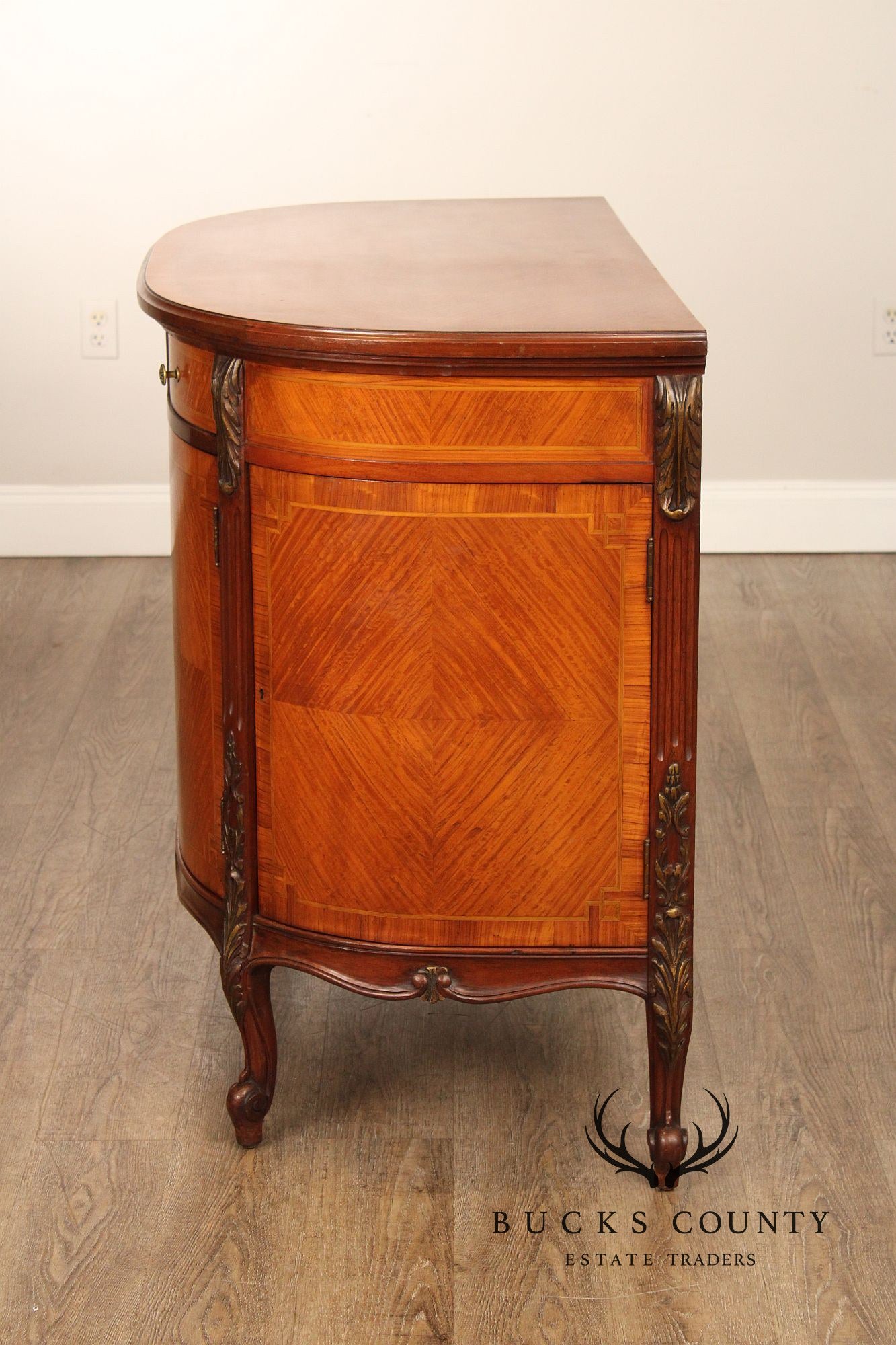 1930's French Louis XV Style Inlaid Satinwood Demilune Commode