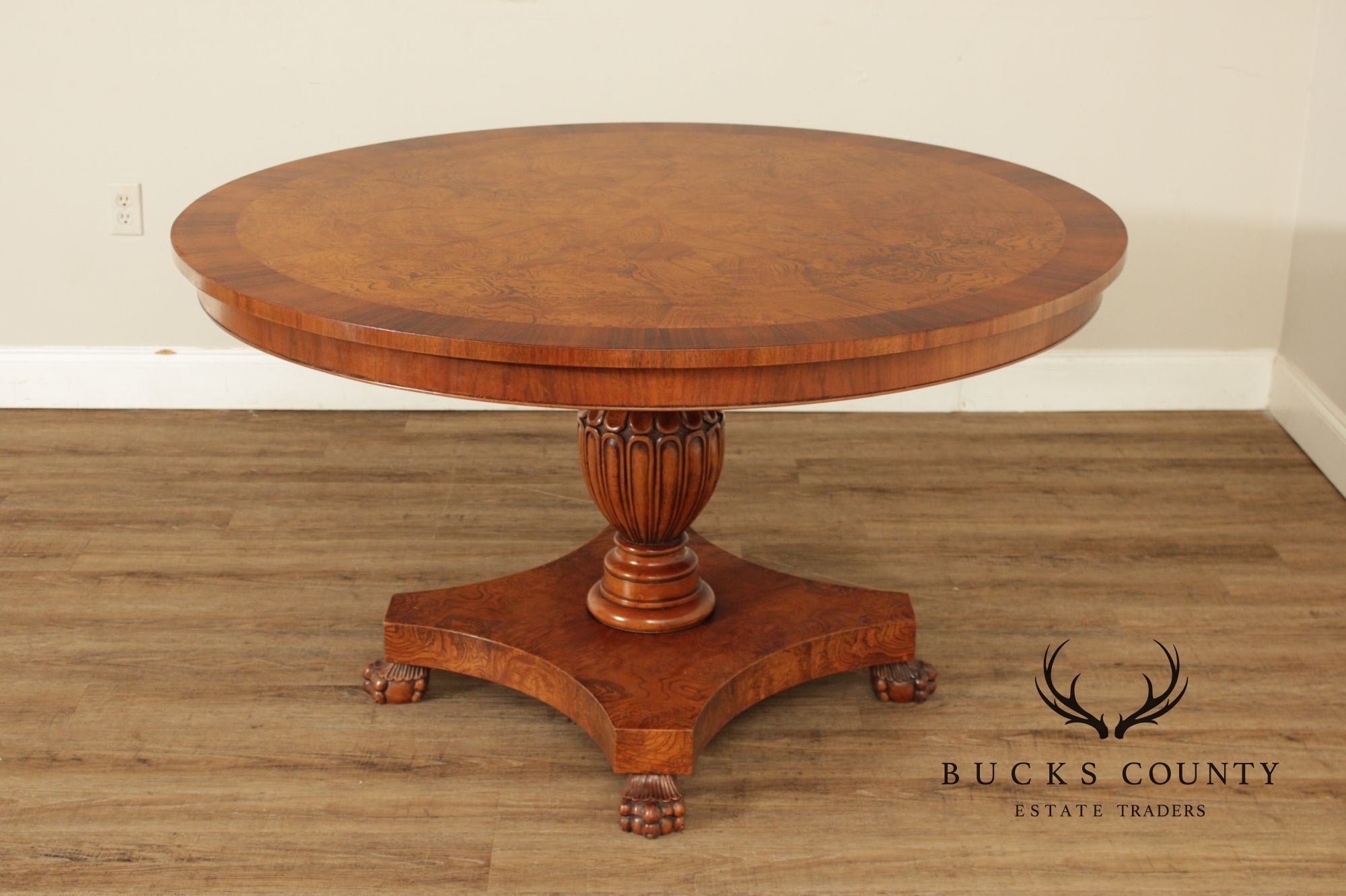 Italian Made Empire Style Round Burlwood Pedestal Center Table