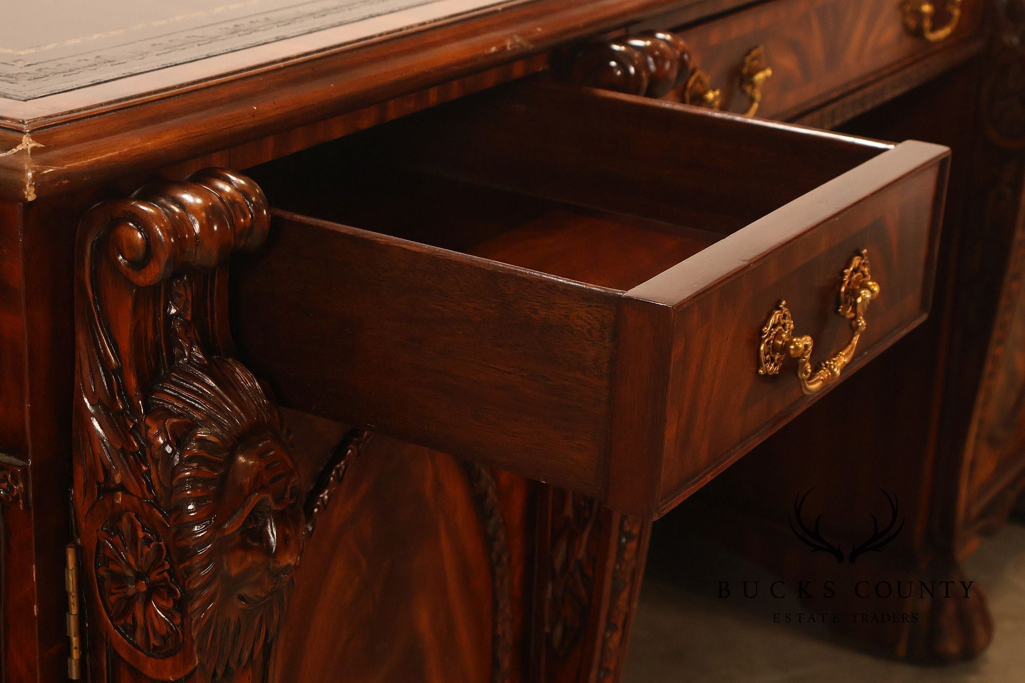 Maitland-Smith Carved Mahogany Leather Top Executive Partner's Desk