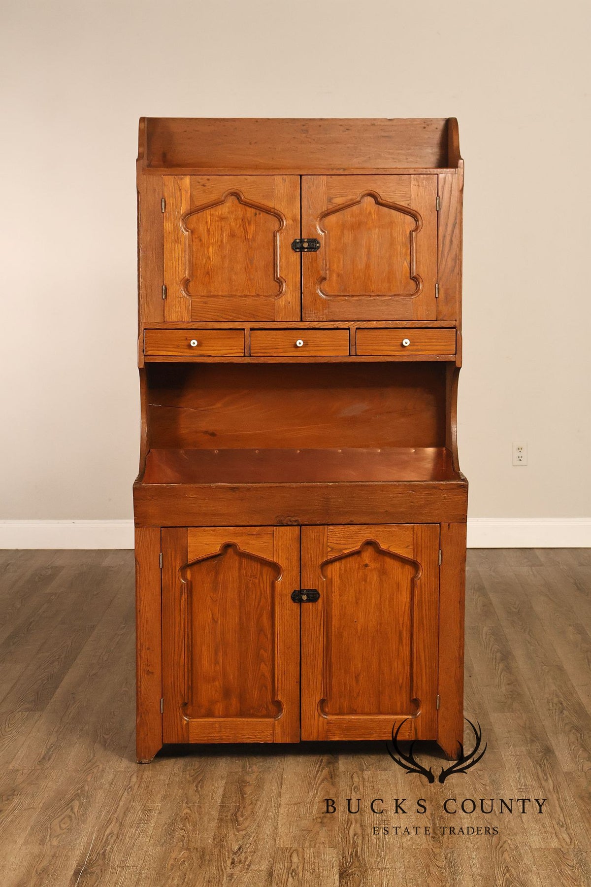 Antique Pine Dry Sink Hutch With Copper Lined Basin
