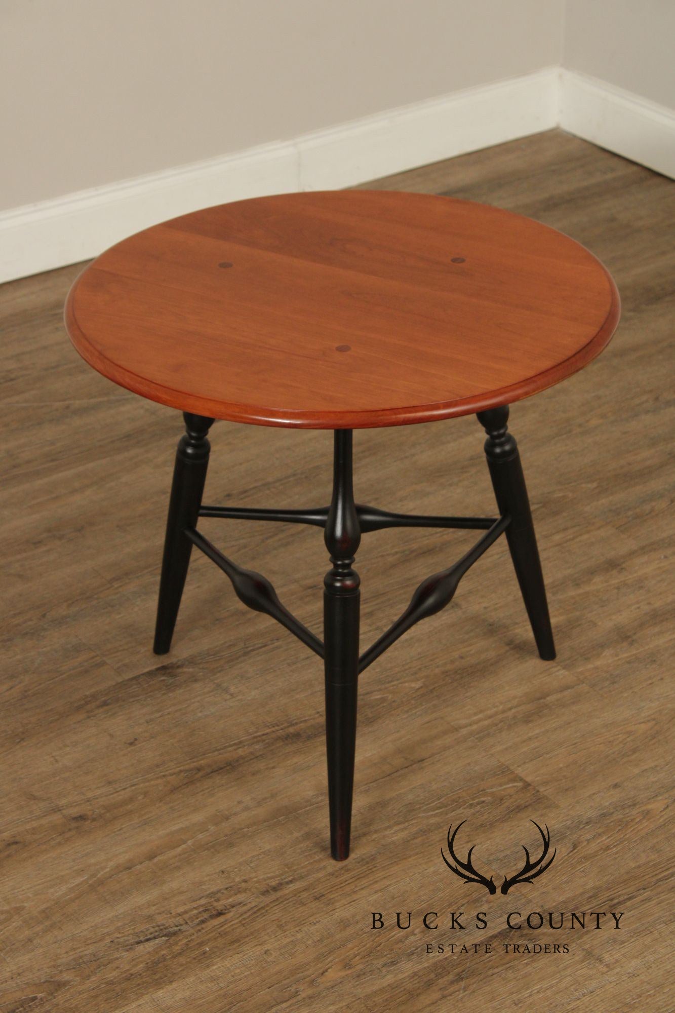 Custom Crafted Windsor Style Round Cherry and Ebonized Maple Side Table