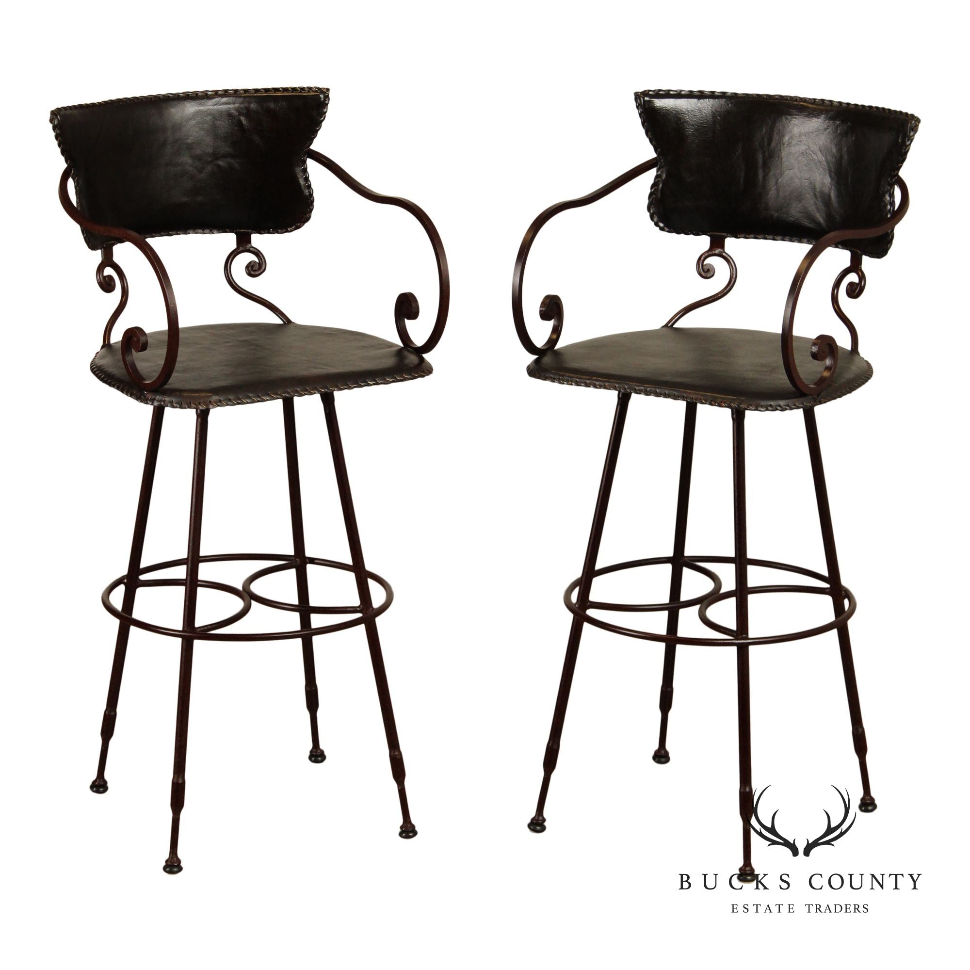 Arhaus Rustic Style Pair of Wrought Iron and Leather Bar Stools