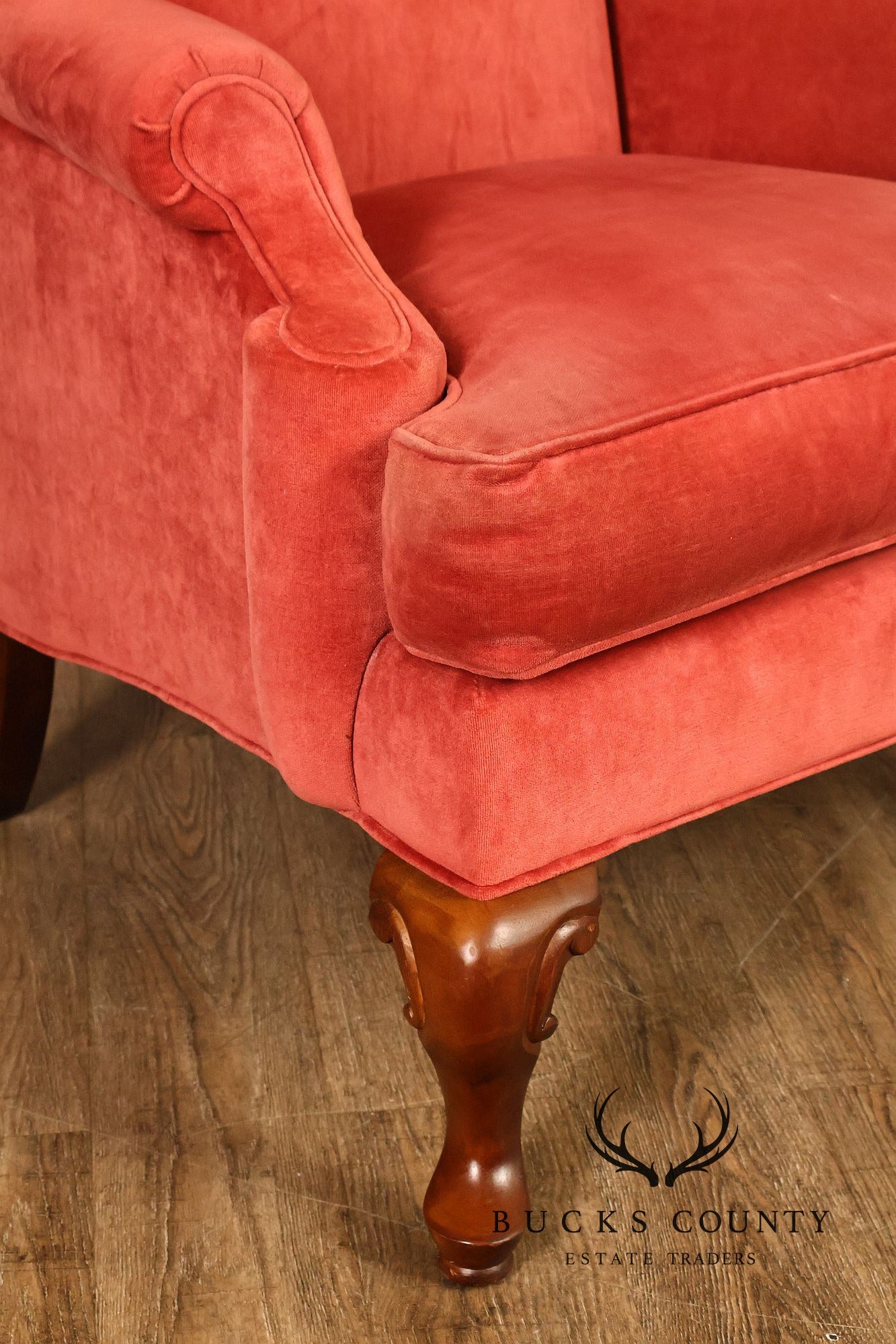 Thomasville Pair Of Traditional Coral Velvet Wingback Chairs