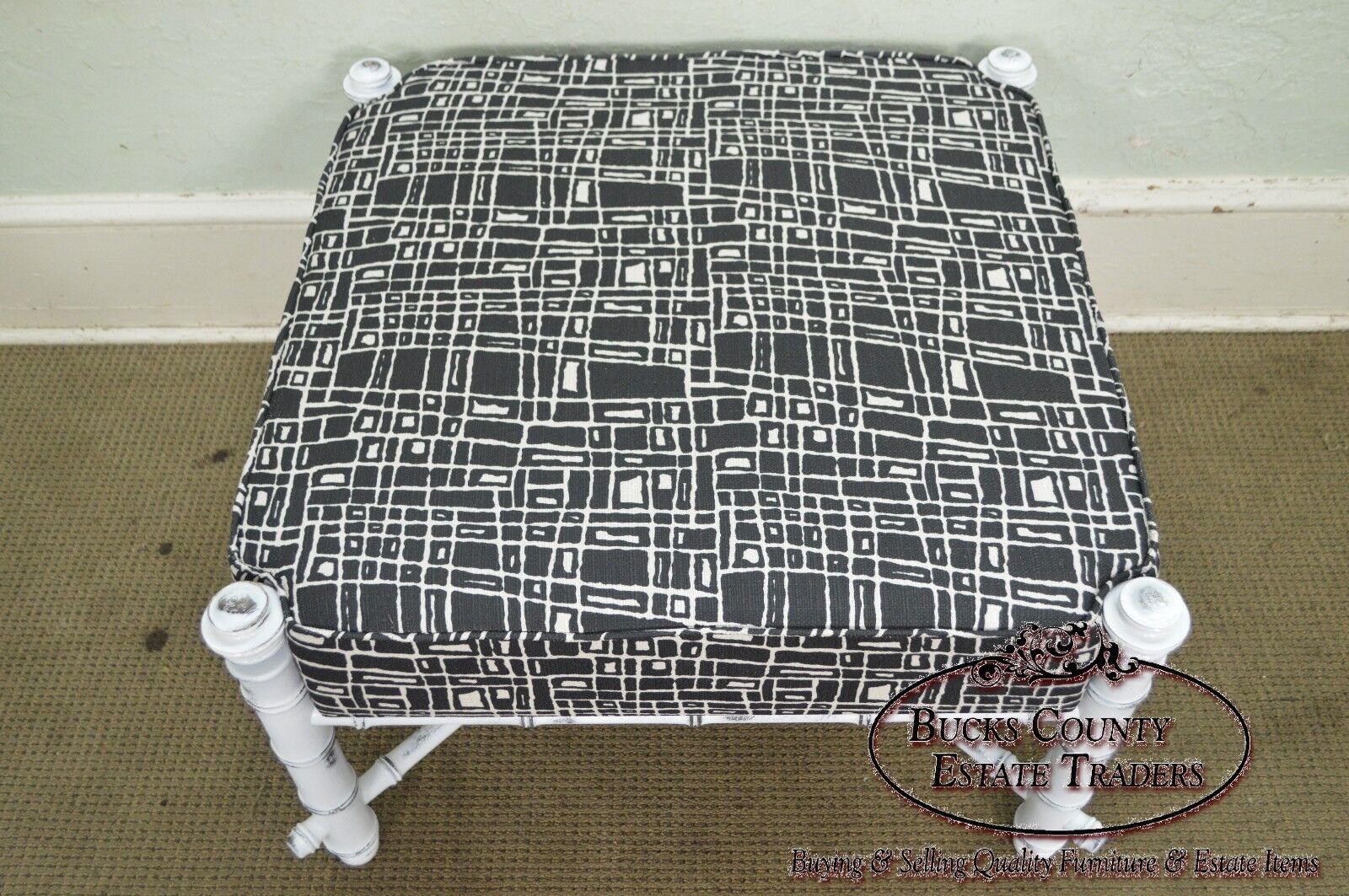 Custom Painted Faux Bamboo Large Square Upholstered Ottoman