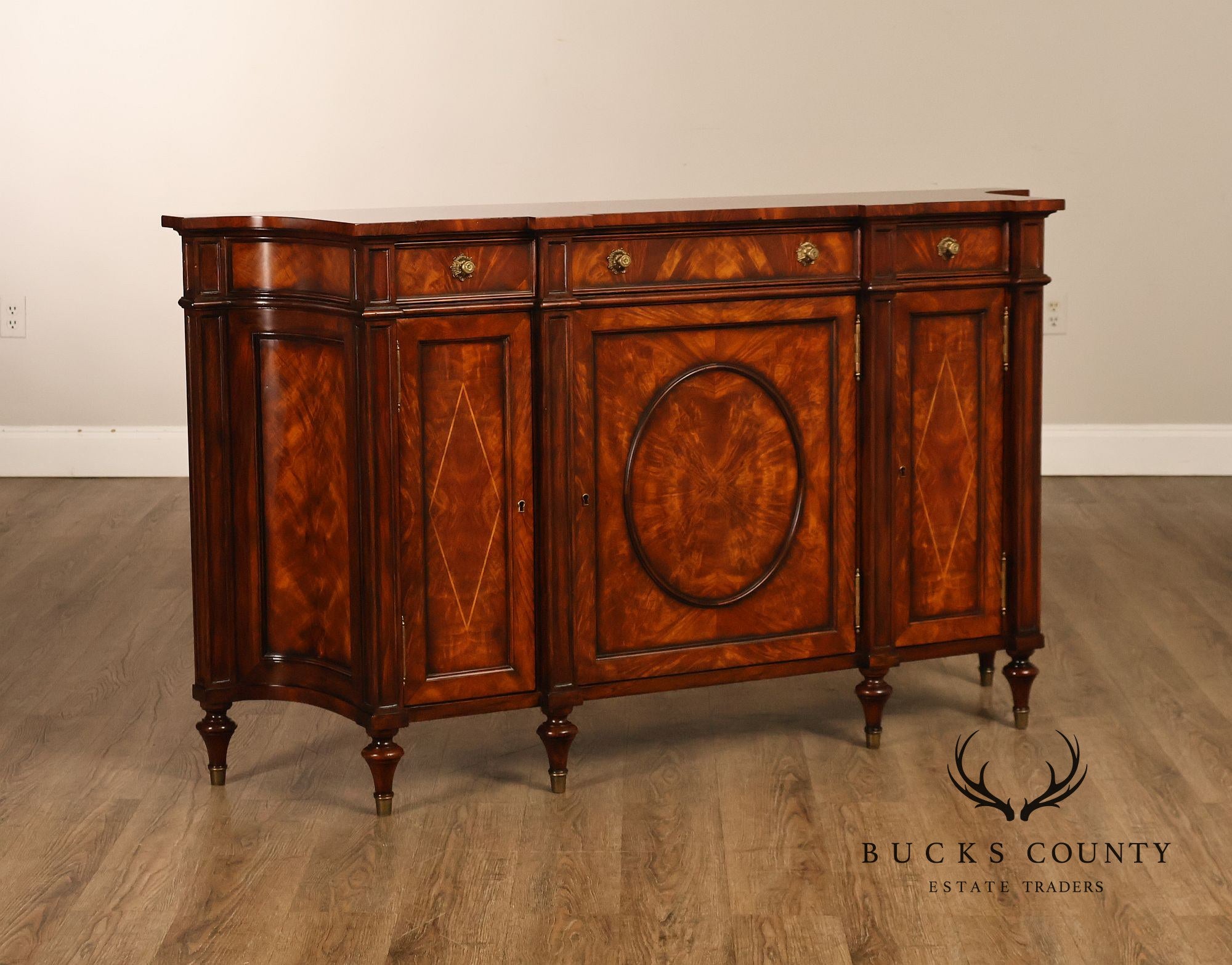 Theodore Alexander Replica Concave Mahogany And Burl Mahogany Sideboard Cabinet