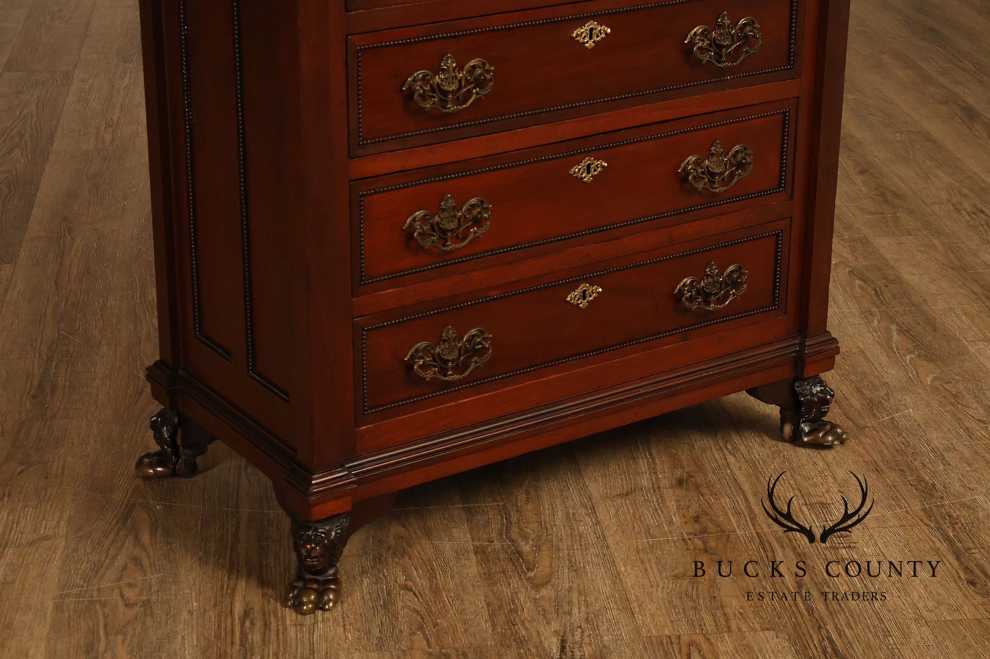 Antique Victorian Mahogany Chest Of Drawers With Brass Lion Paw Feet