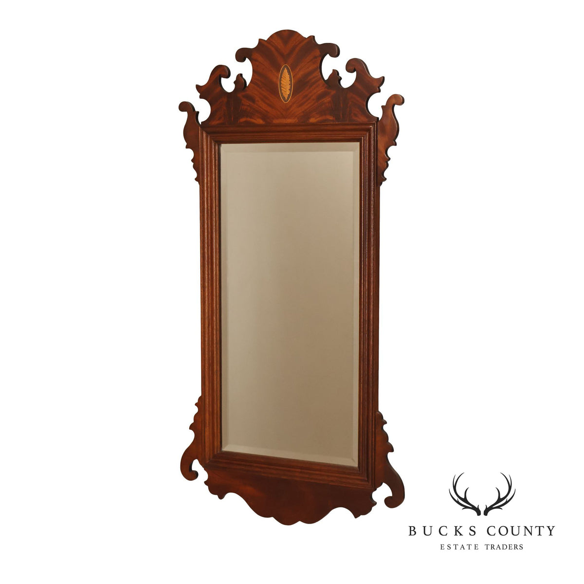 Traditional Chippendale Style Inlaid Mahogany Beveled Wall Mirror