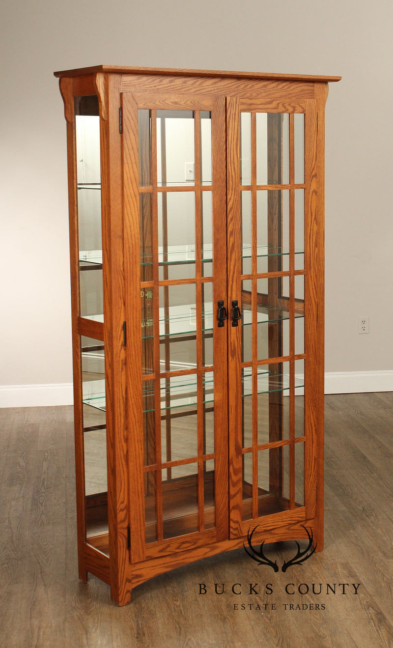 Mission Style Pair of Glass Door Oak Display Curio Cabinets