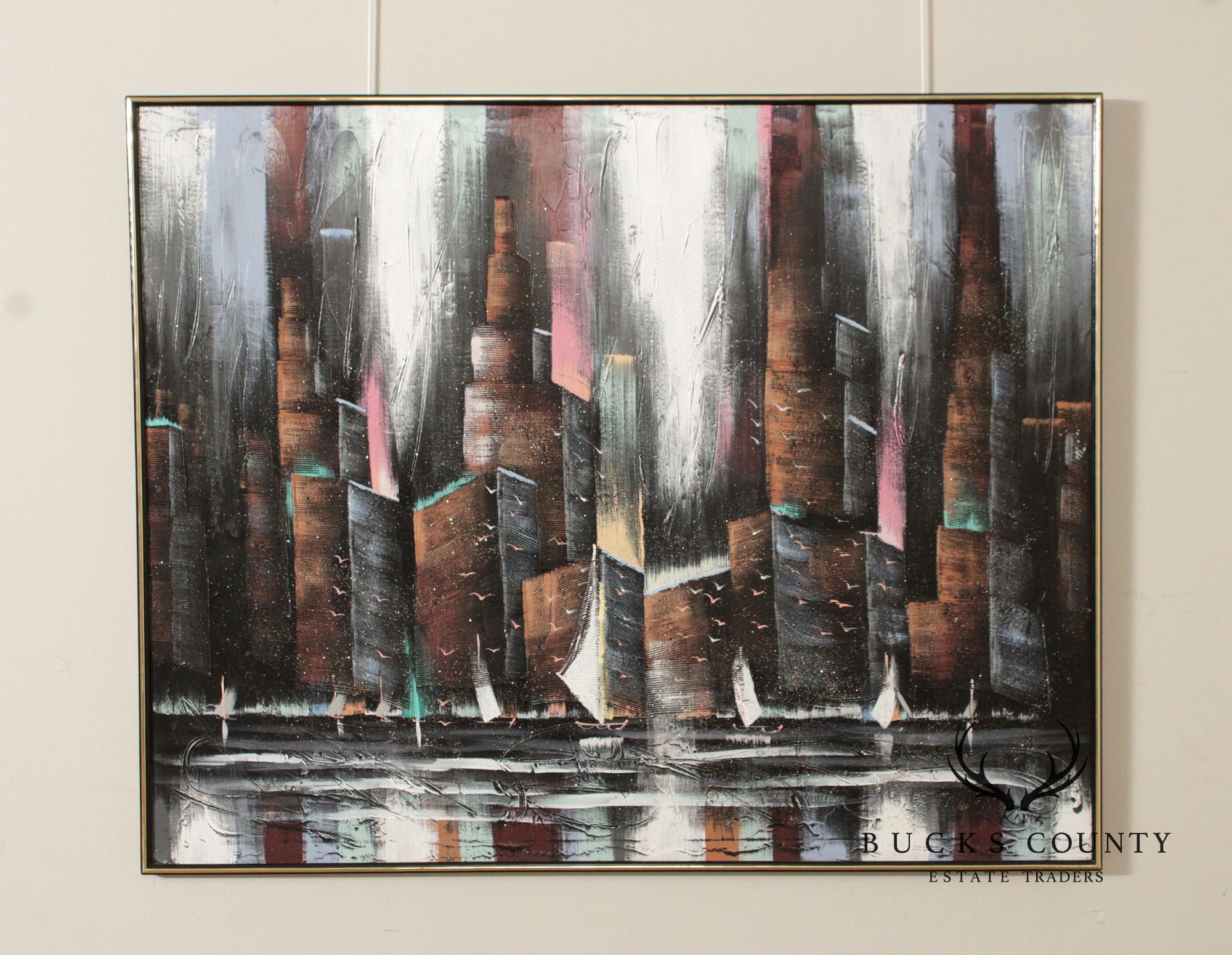 Artist Signed Large Abstract Painting of City Skyline